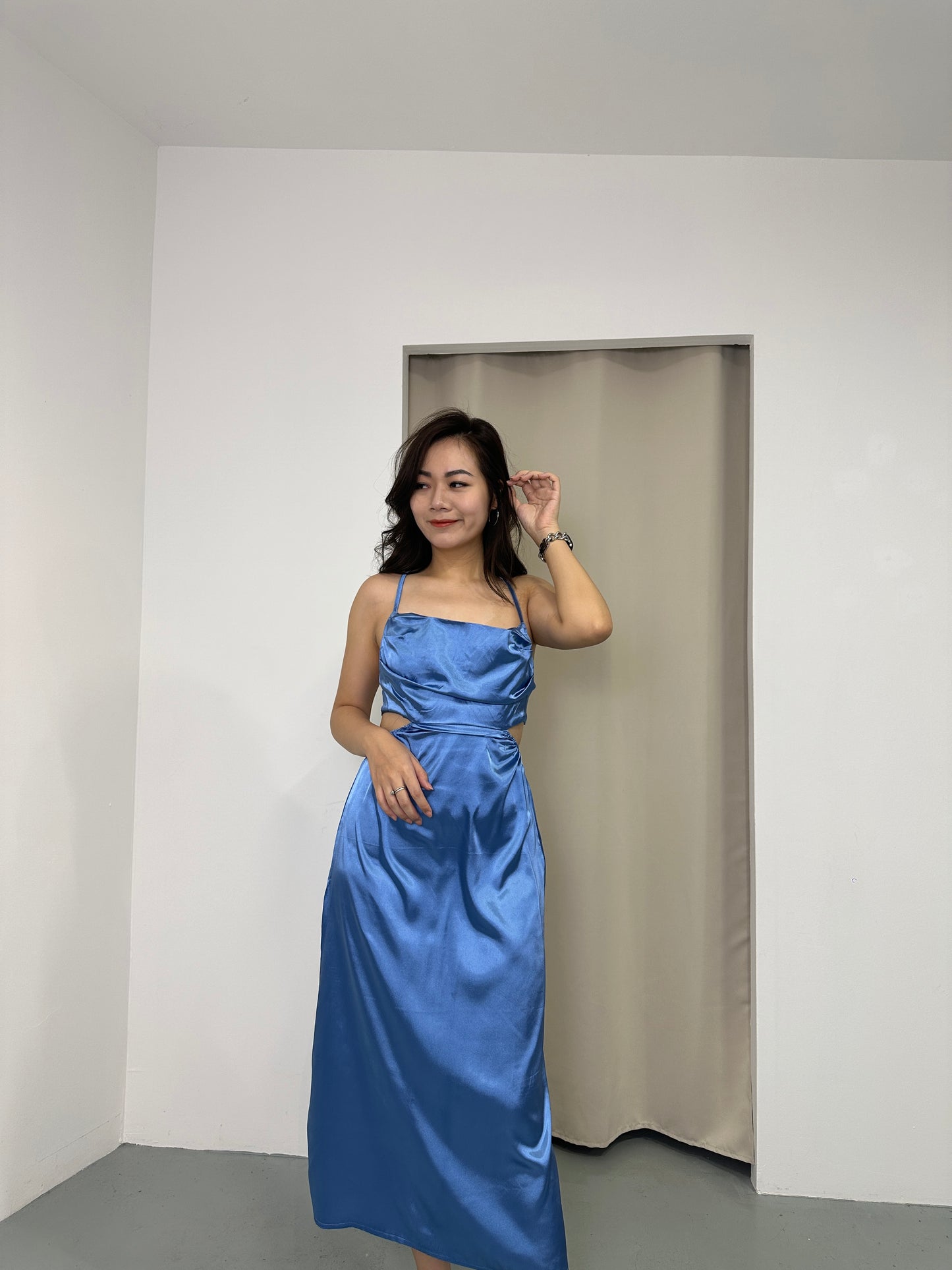 Camille Cut In Satin Dress (Blue)