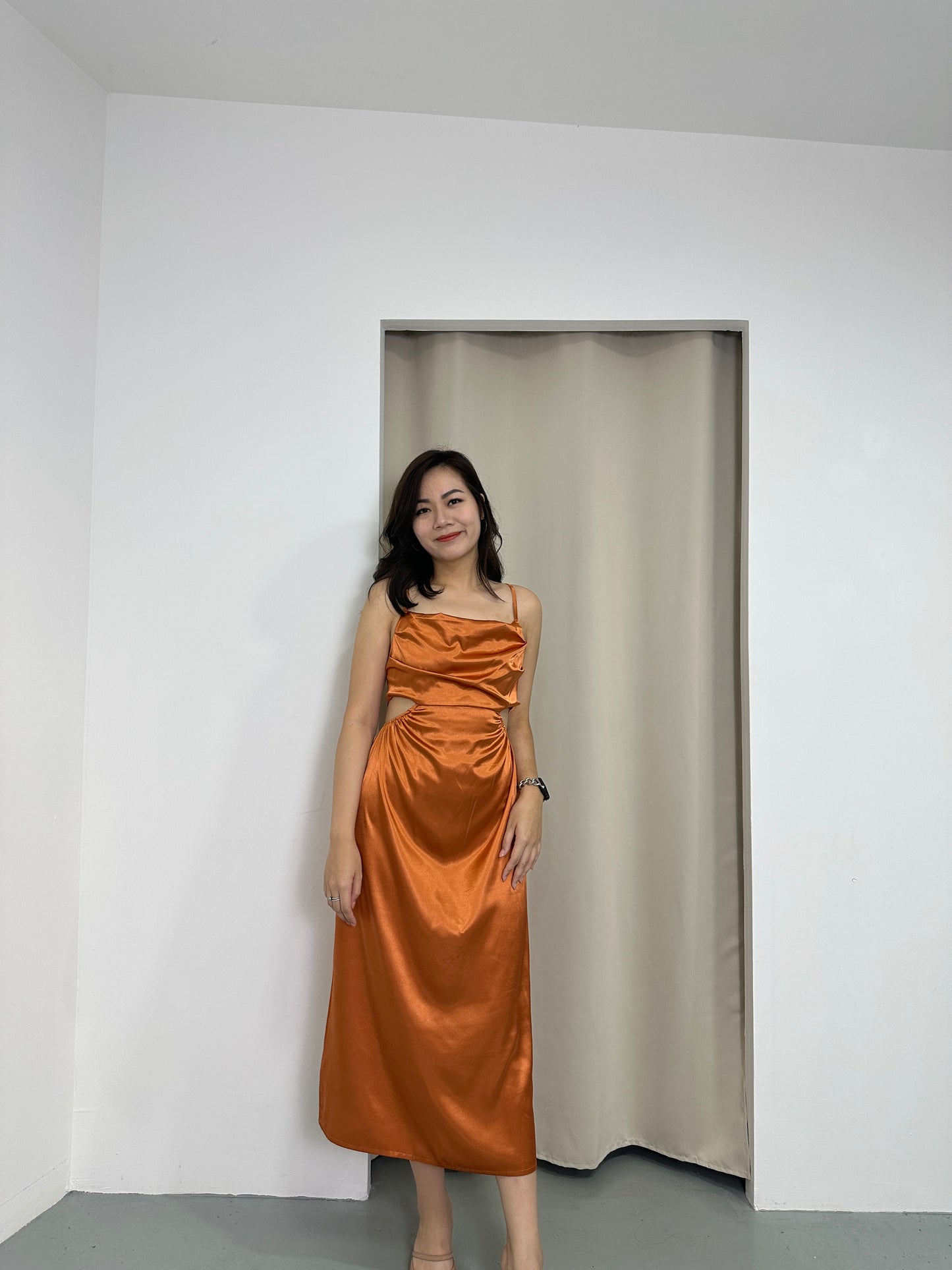 Camille Cut In Satin Dress (Brown)