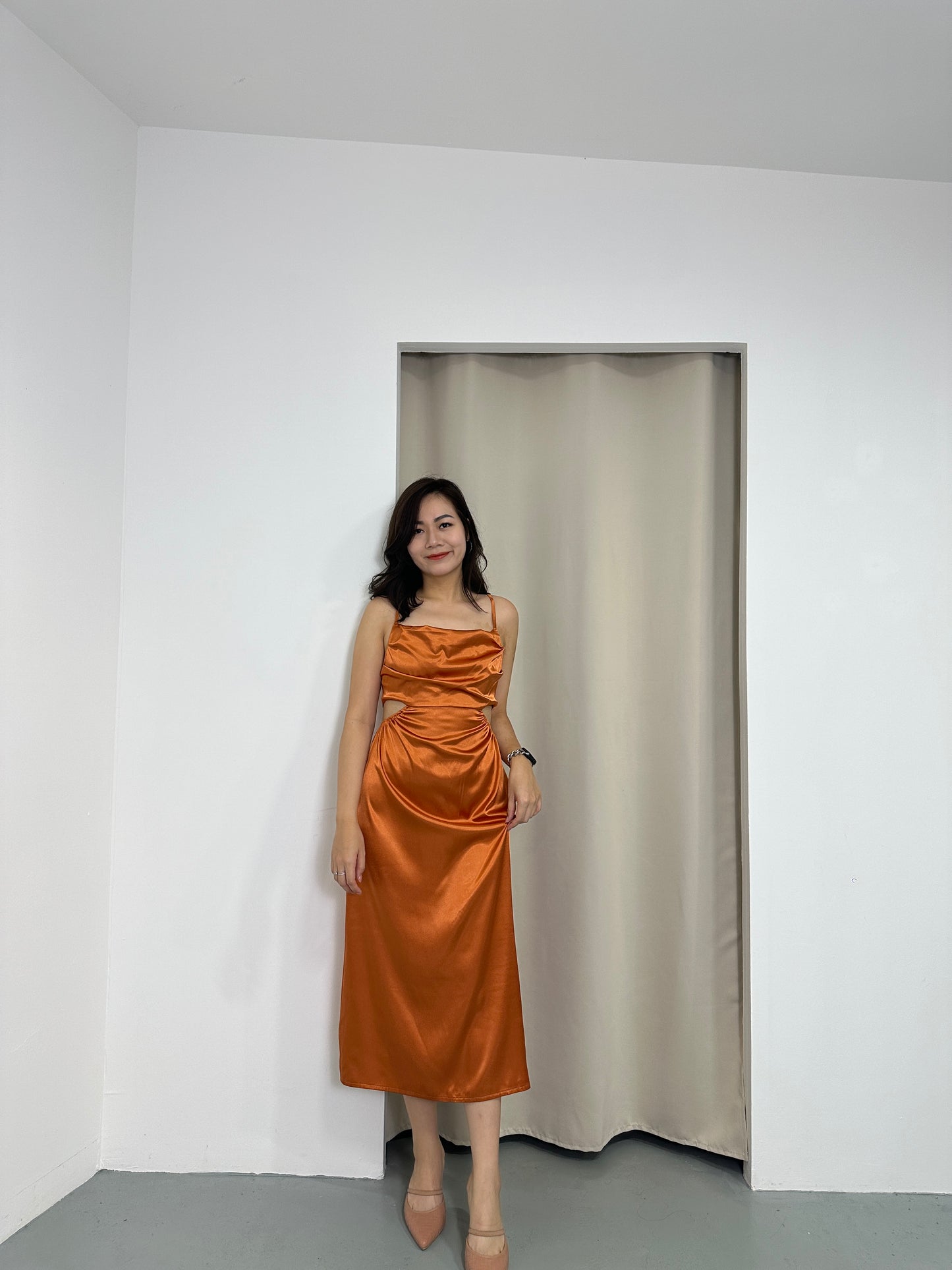 Camille Cut In Satin Dress (Brown)