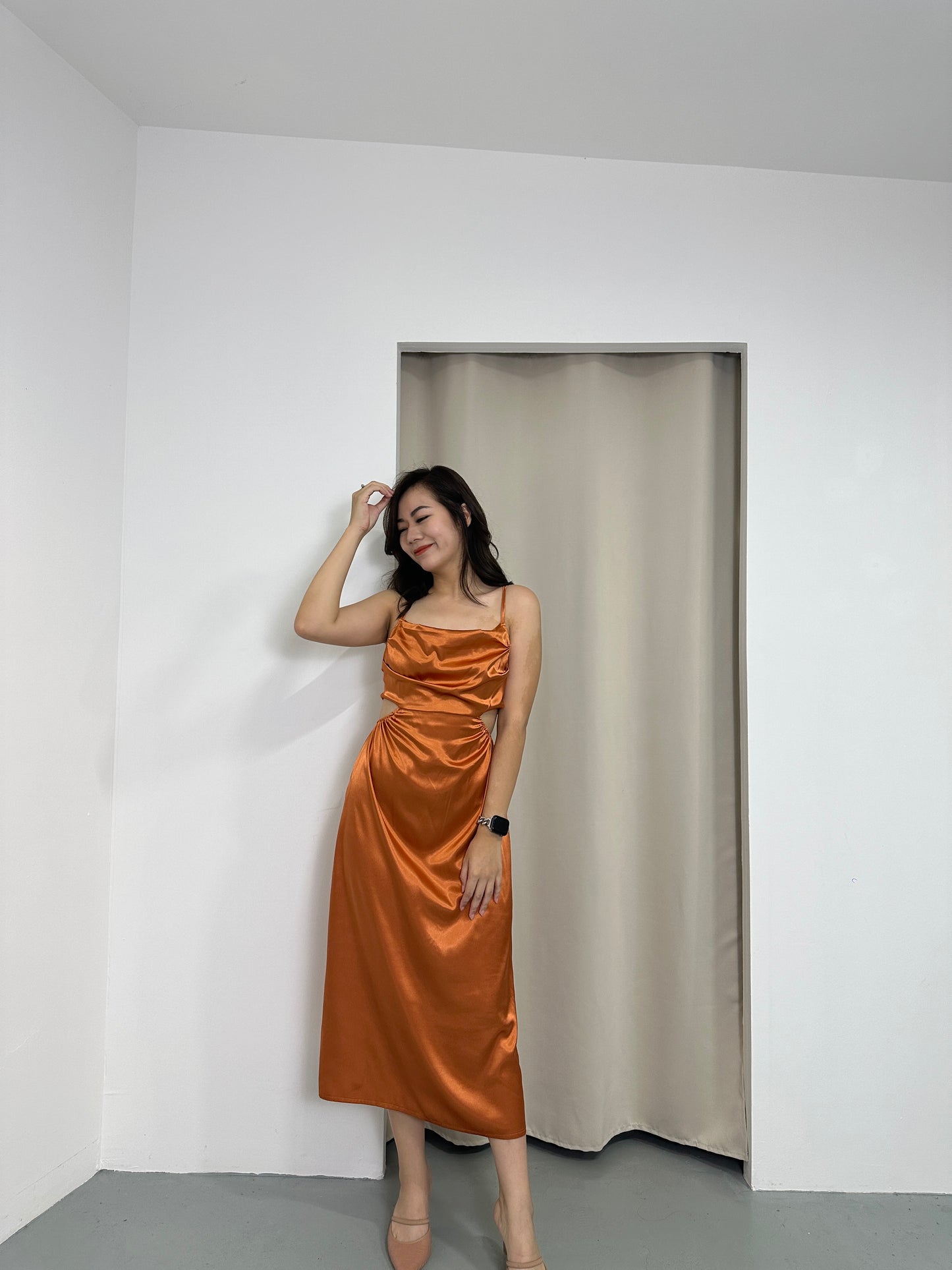 Camille Cut In Satin Dress (Brown)