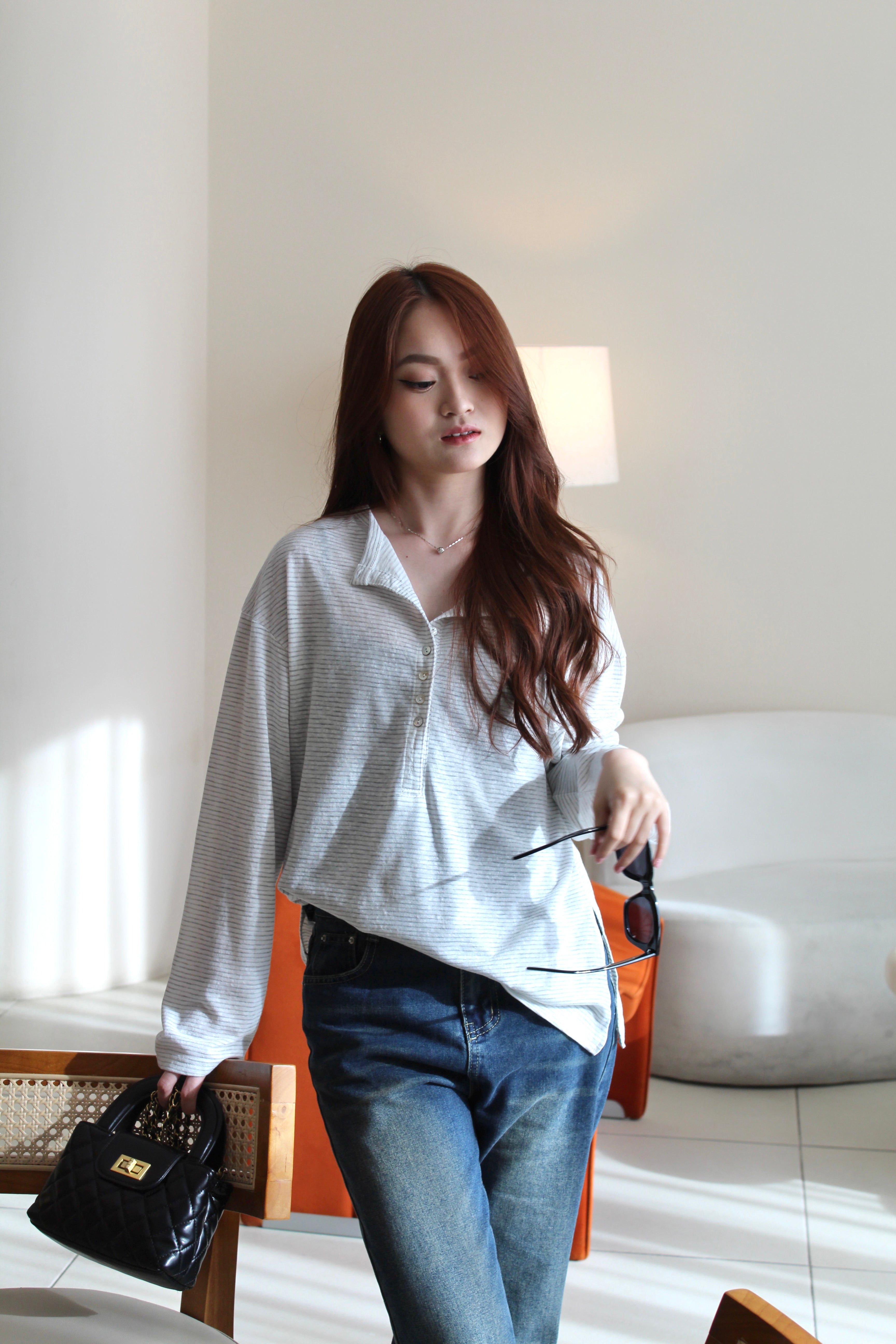 Laura Stripes Casual Long Sleeve Top (White)