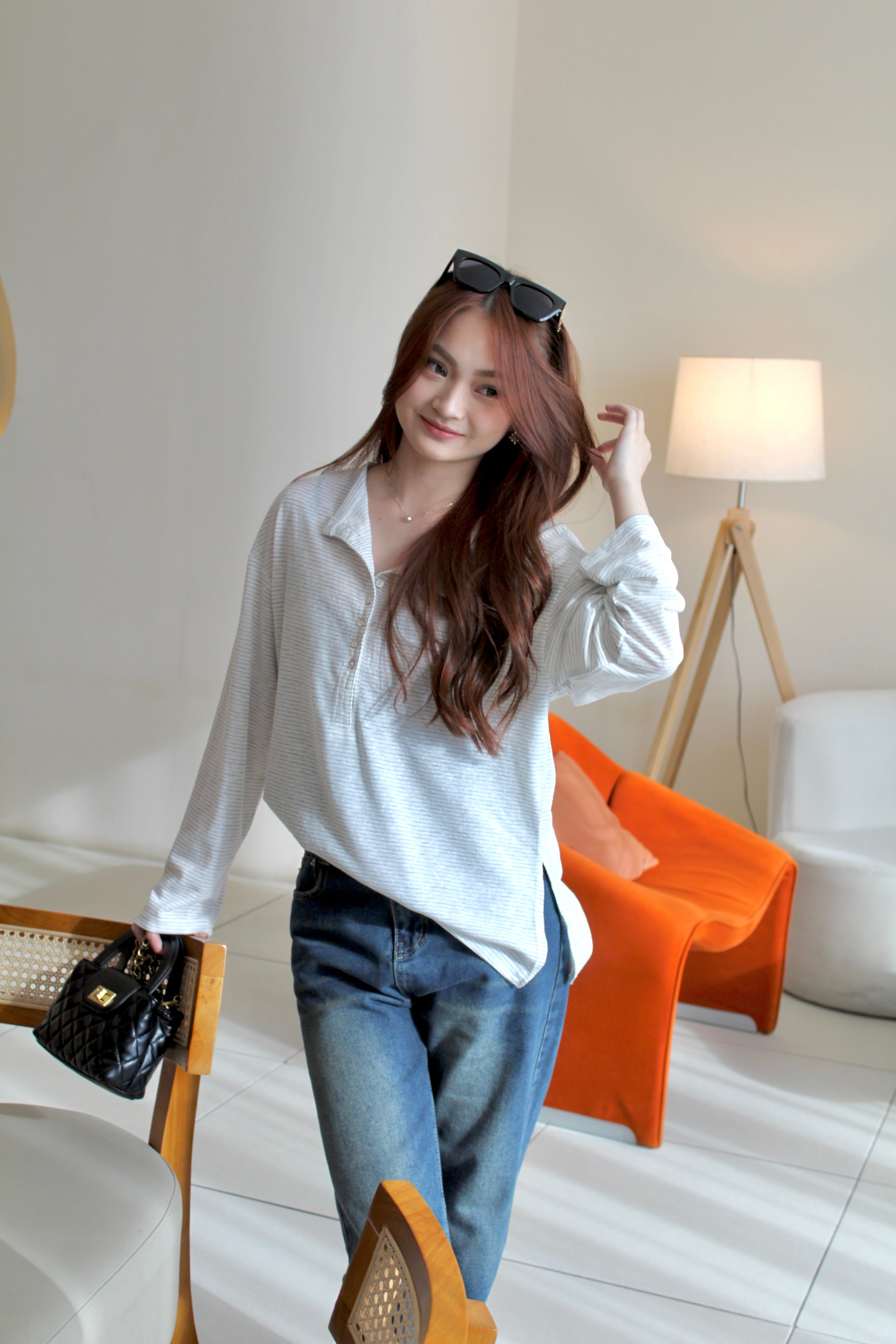 Laura Stripes Casual Long Sleeve Top (White)