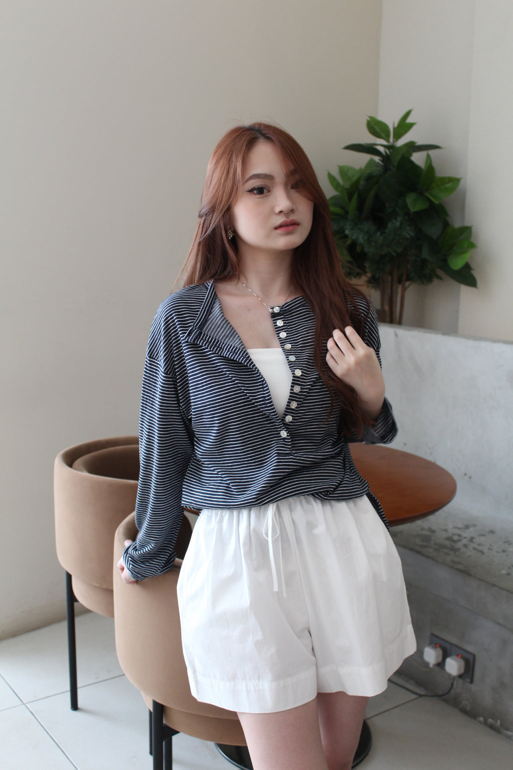 Laura Stripes Casual Long Sleeve Top (White)