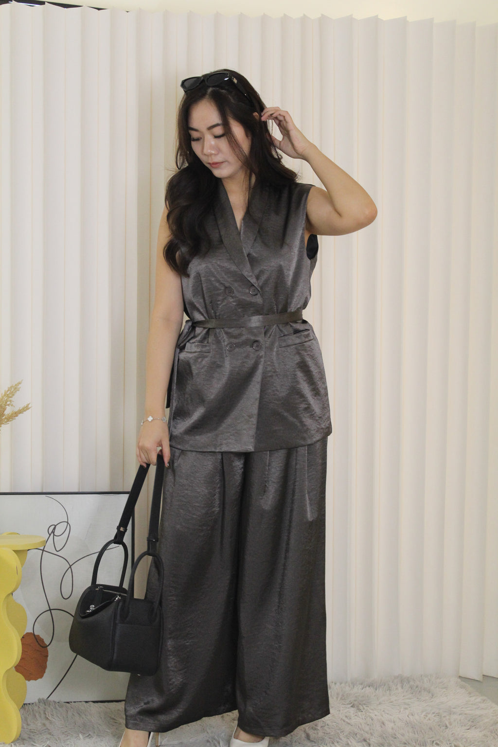 Anaelle Satin Vest Two Piece Pants Set (Grey)