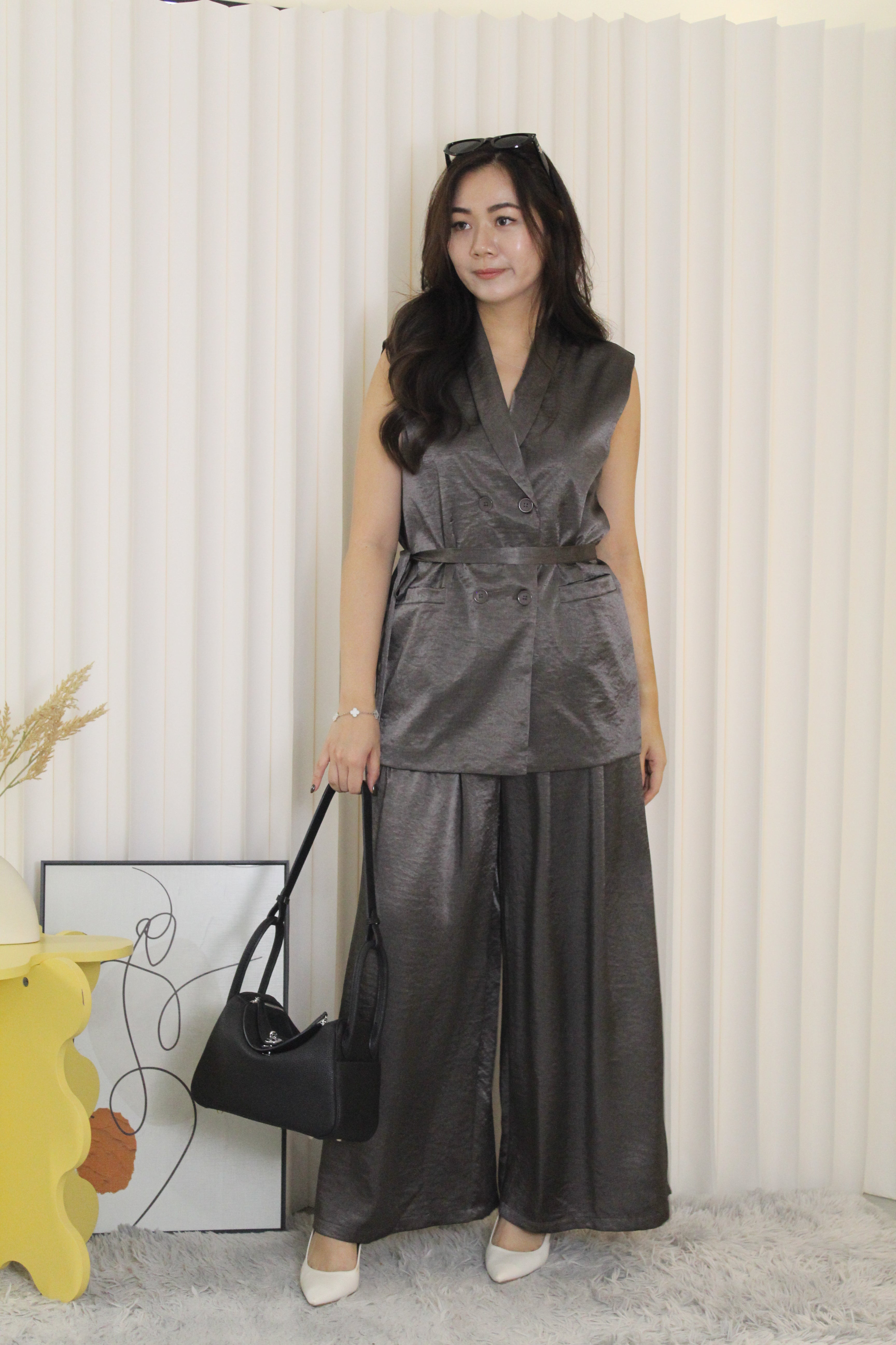 Anaelle Satin Vest Two Piece Pants Set (Brown)
