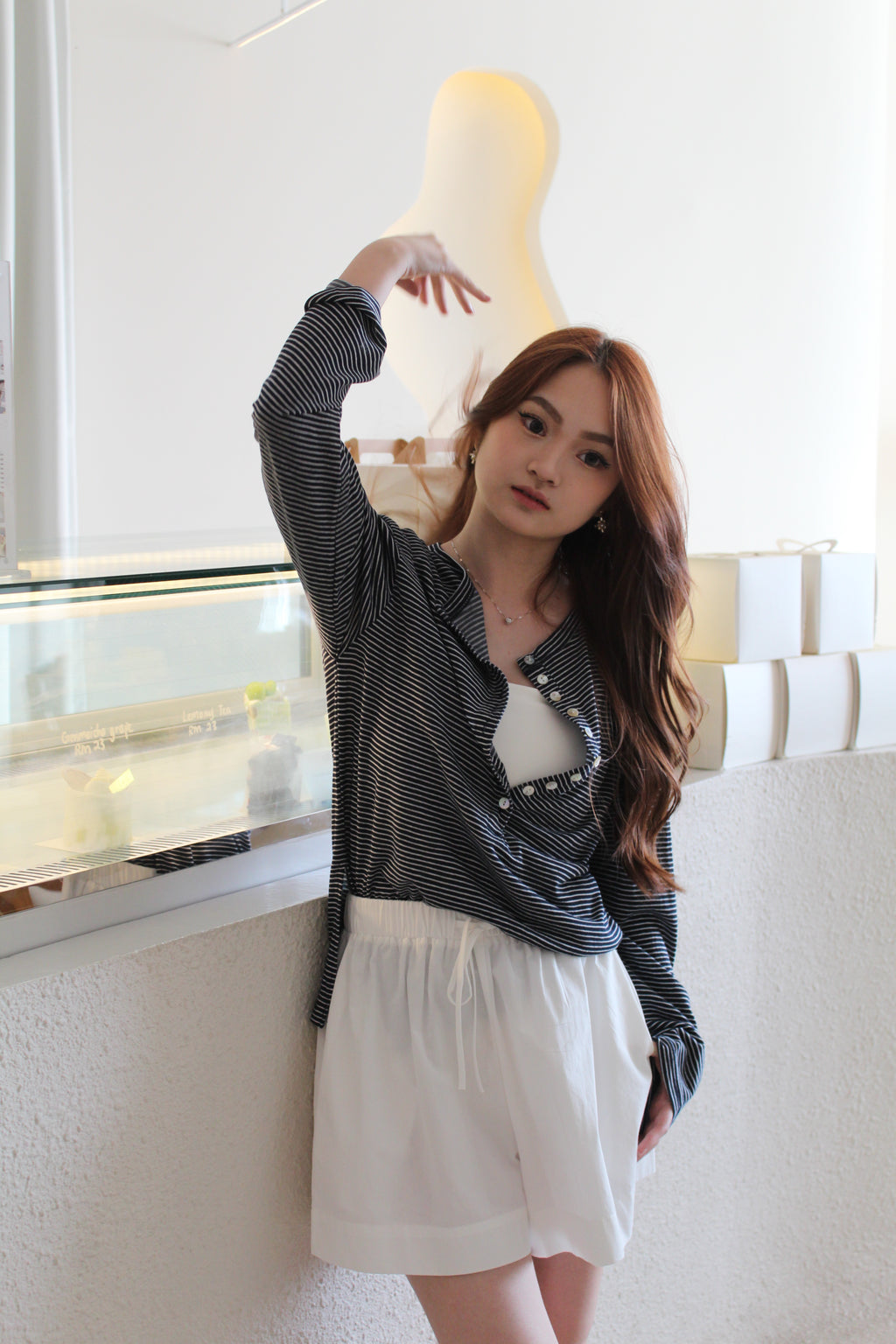 Laura Stripes Casual Long Sleeve Top (White)