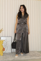 Anaelle Satin Vest Two Piece Pants Set (Grey)