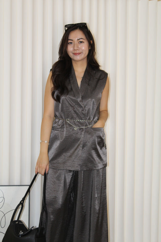 Anaelle Satin Vest Two Piece Pants Set (Brown)