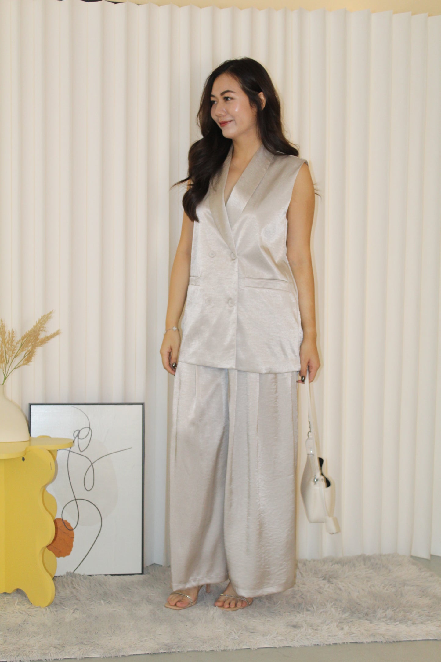 Anaelle Satin Vest Two Piece Pants Set (Grey)