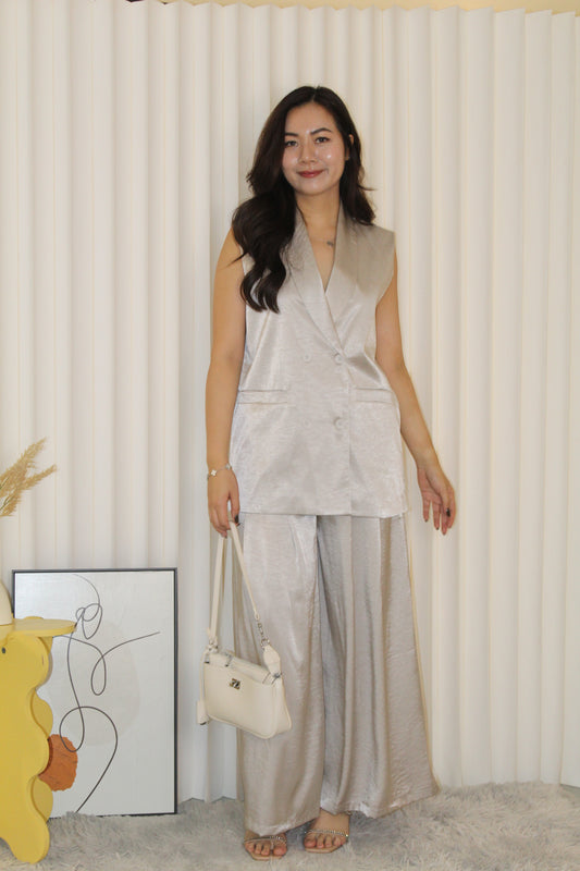 Anaelle Satin Vest Two Piece Pants Set (Grey)