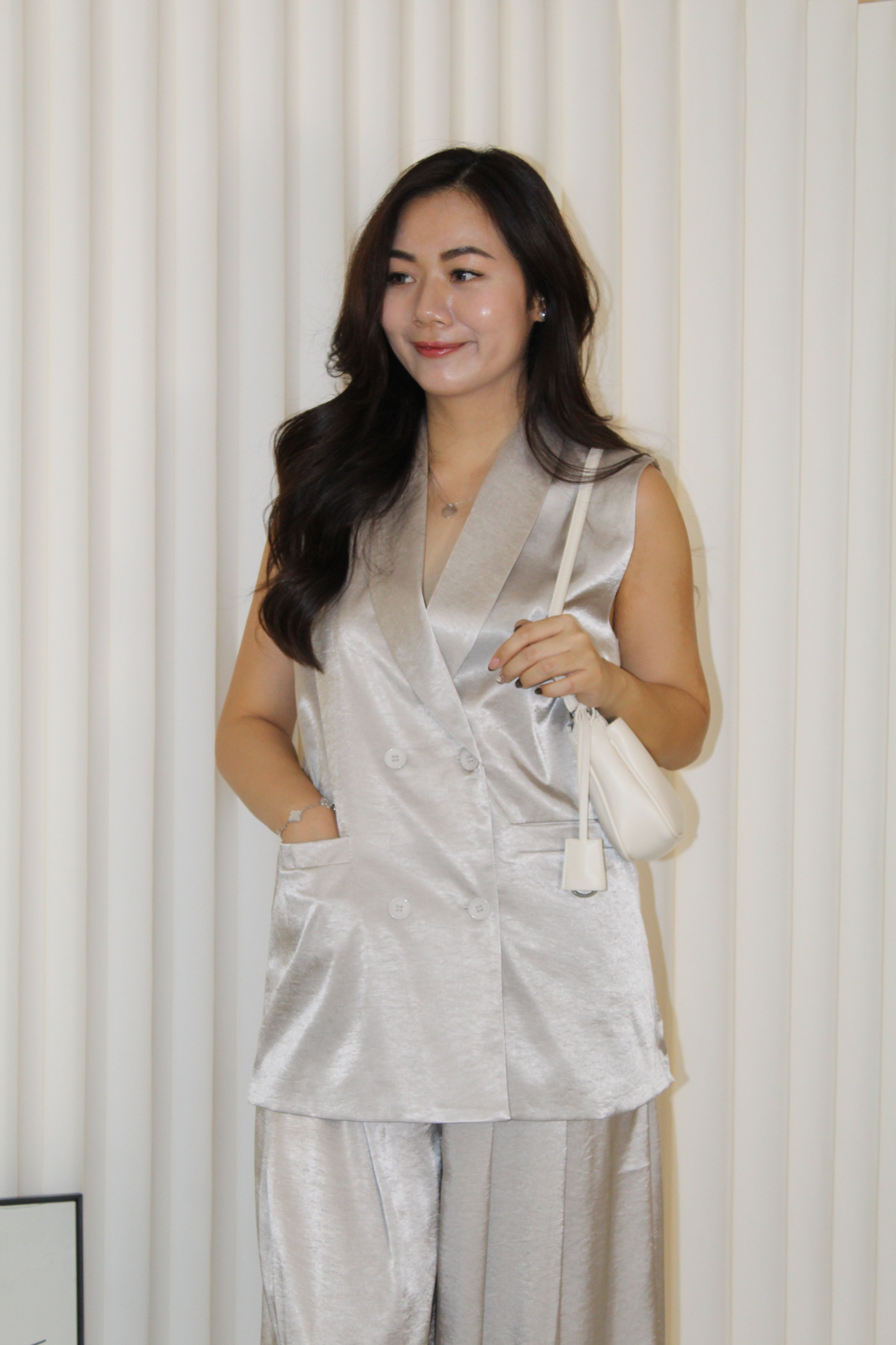 Anaelle Satin Vest Two Piece Pants Set (Grey)