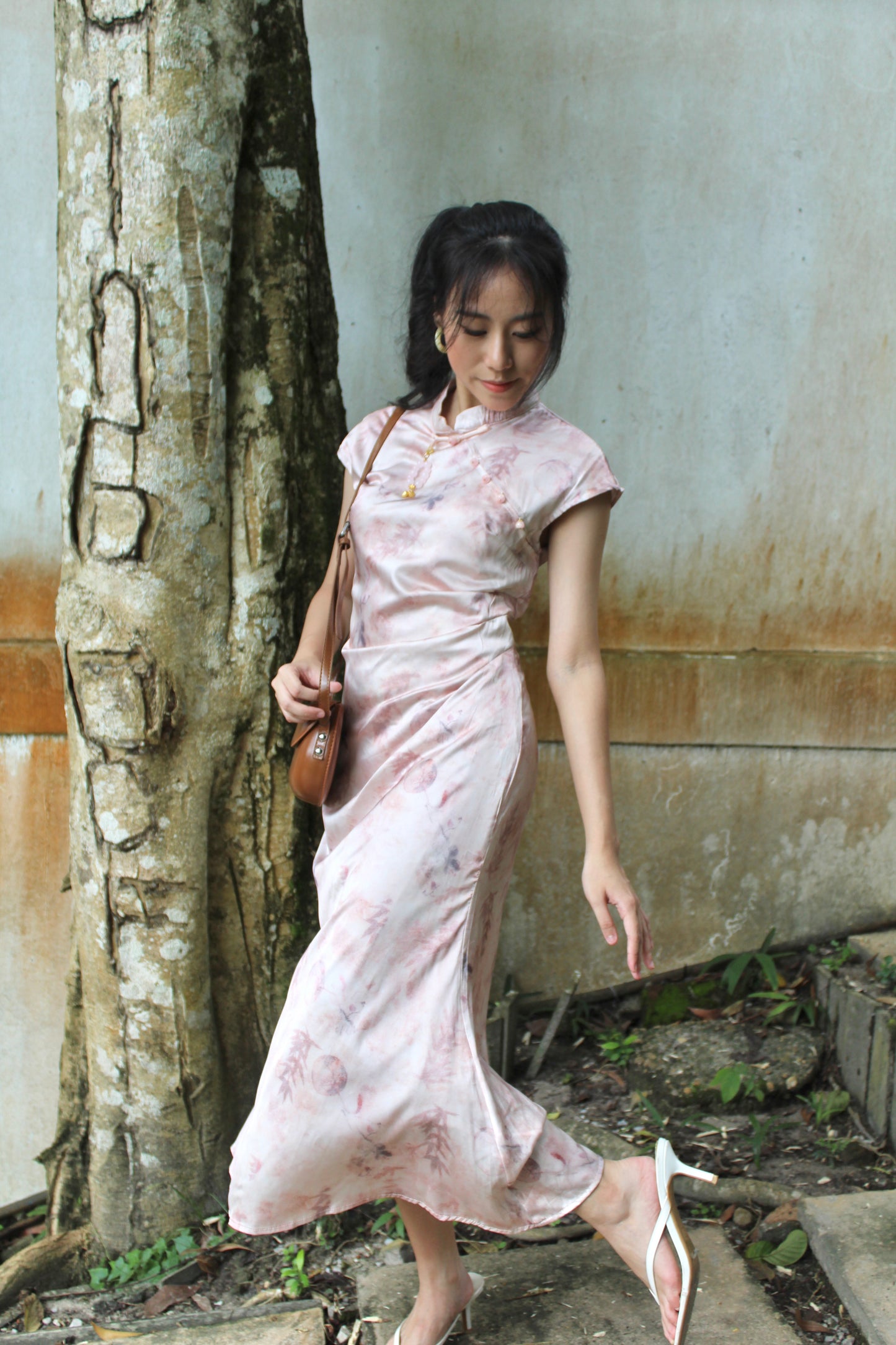 Fen Satin Midi Cheongsam Dress (Pink)