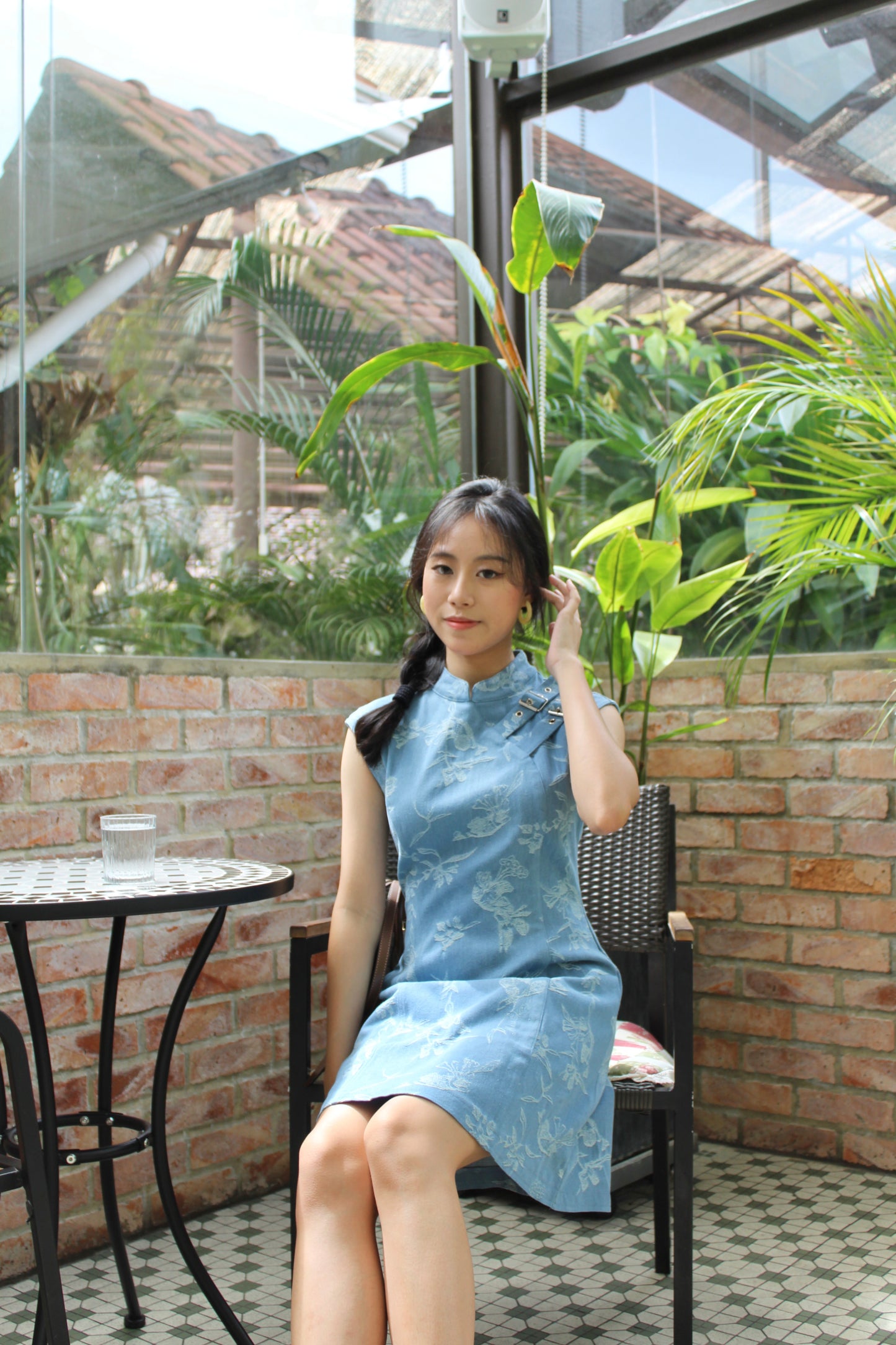 Nicole Denim Cheongsam Mini Dress (Blue)