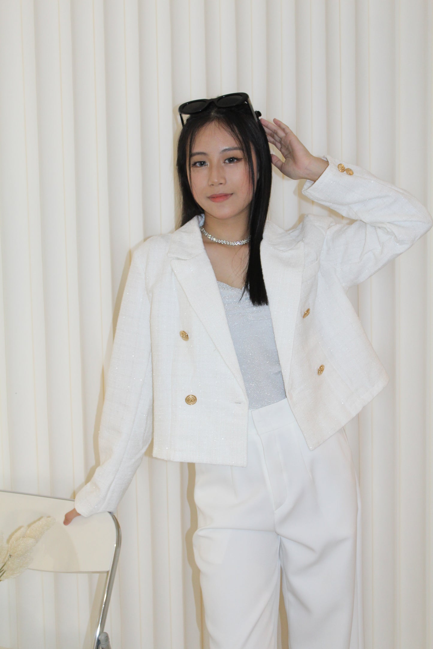 Katelyn Tweed Crop Coat Blazer (White)