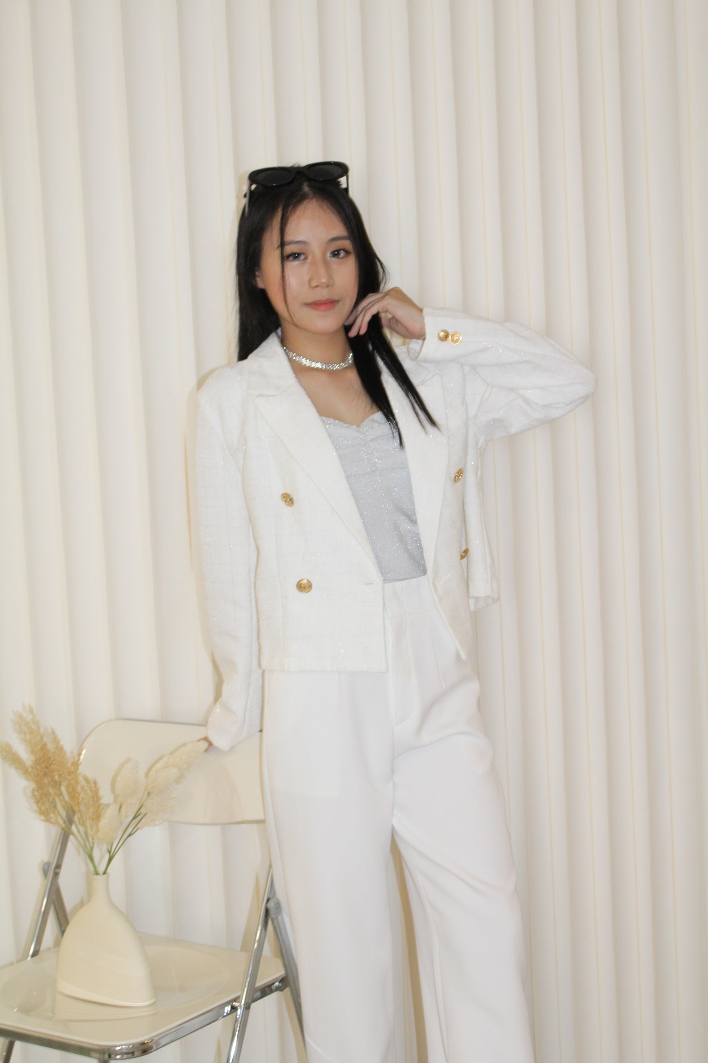 Katelyn Tweed Crop Coat Blazer (White)