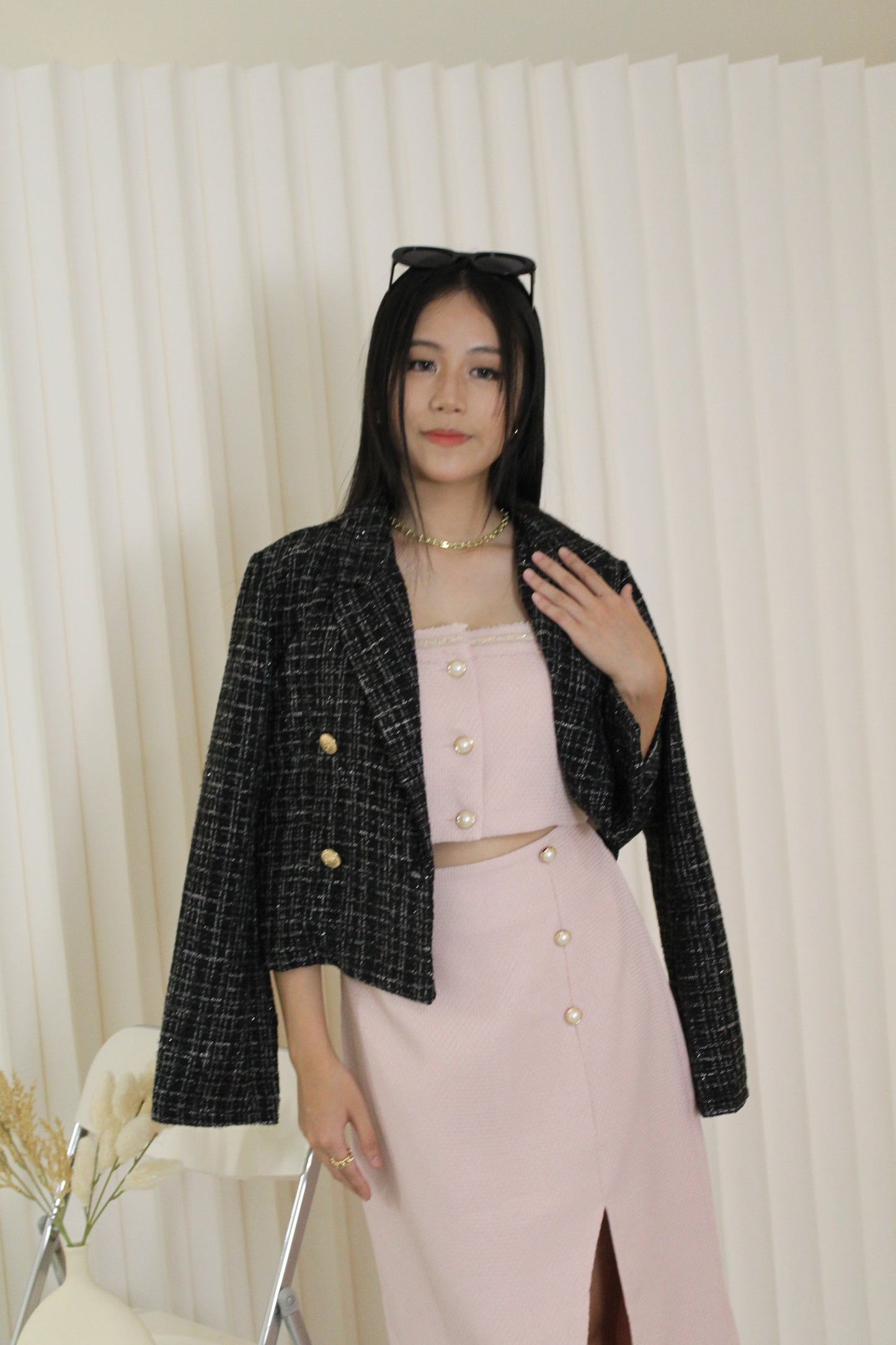 Katelyn Tweed Crop Coat Blazer (White)