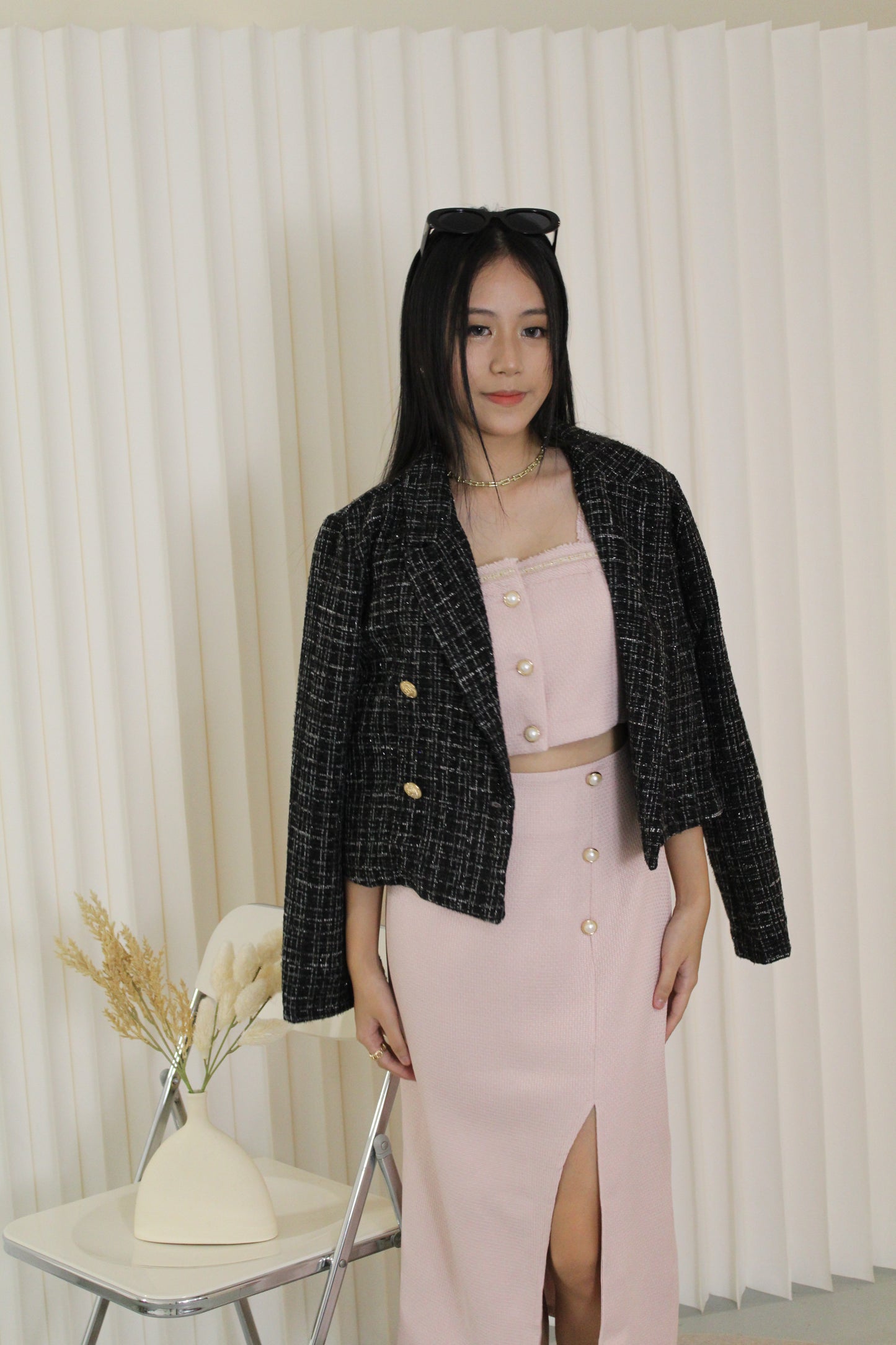 Katelyn Tweed Crop Coat Blazer (White)