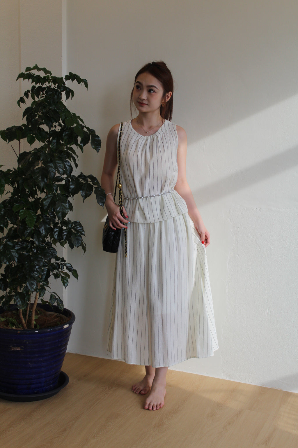 Jaycee Stripes Two Piece Skirt Set (White)