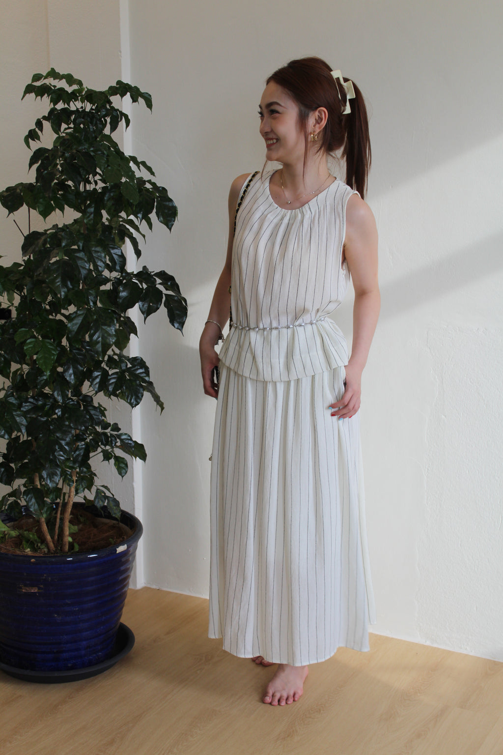 Jaycee Stripes Two Piece Skirt Set (White)