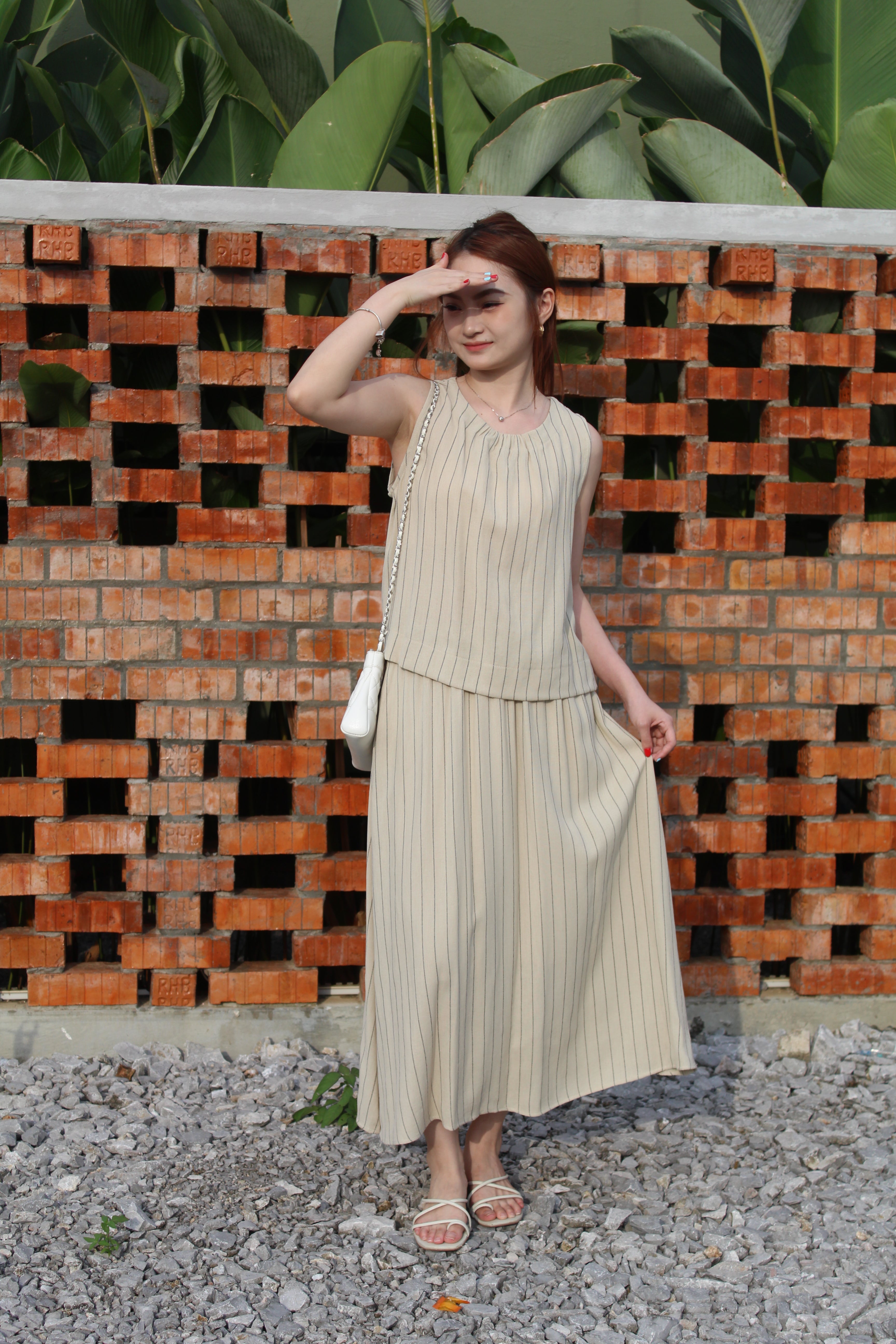 Jaycee Stripes Two Piece Skirt Set (White)