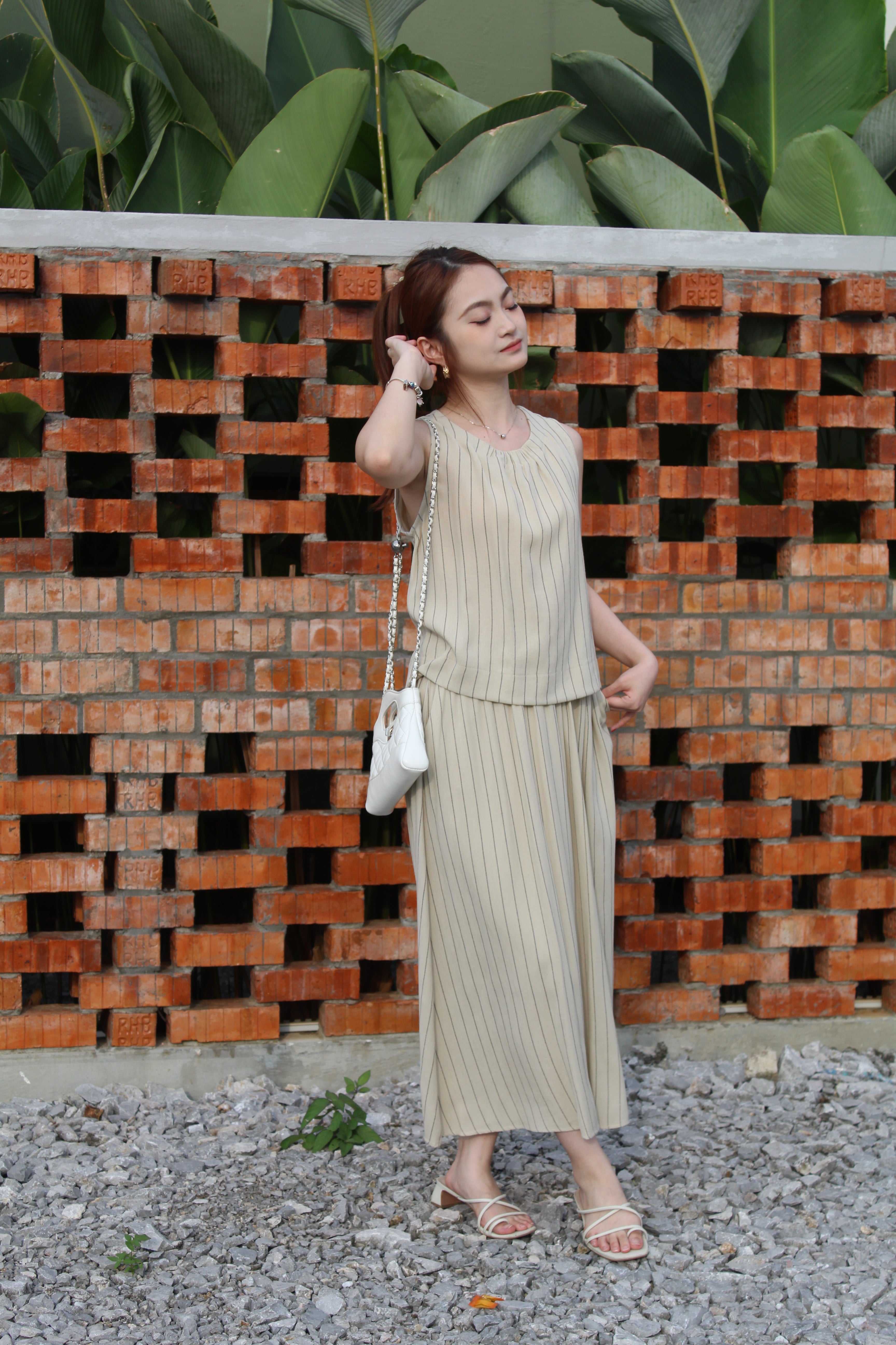 Jaycee Stripes Two Piece Skirt Set (White)