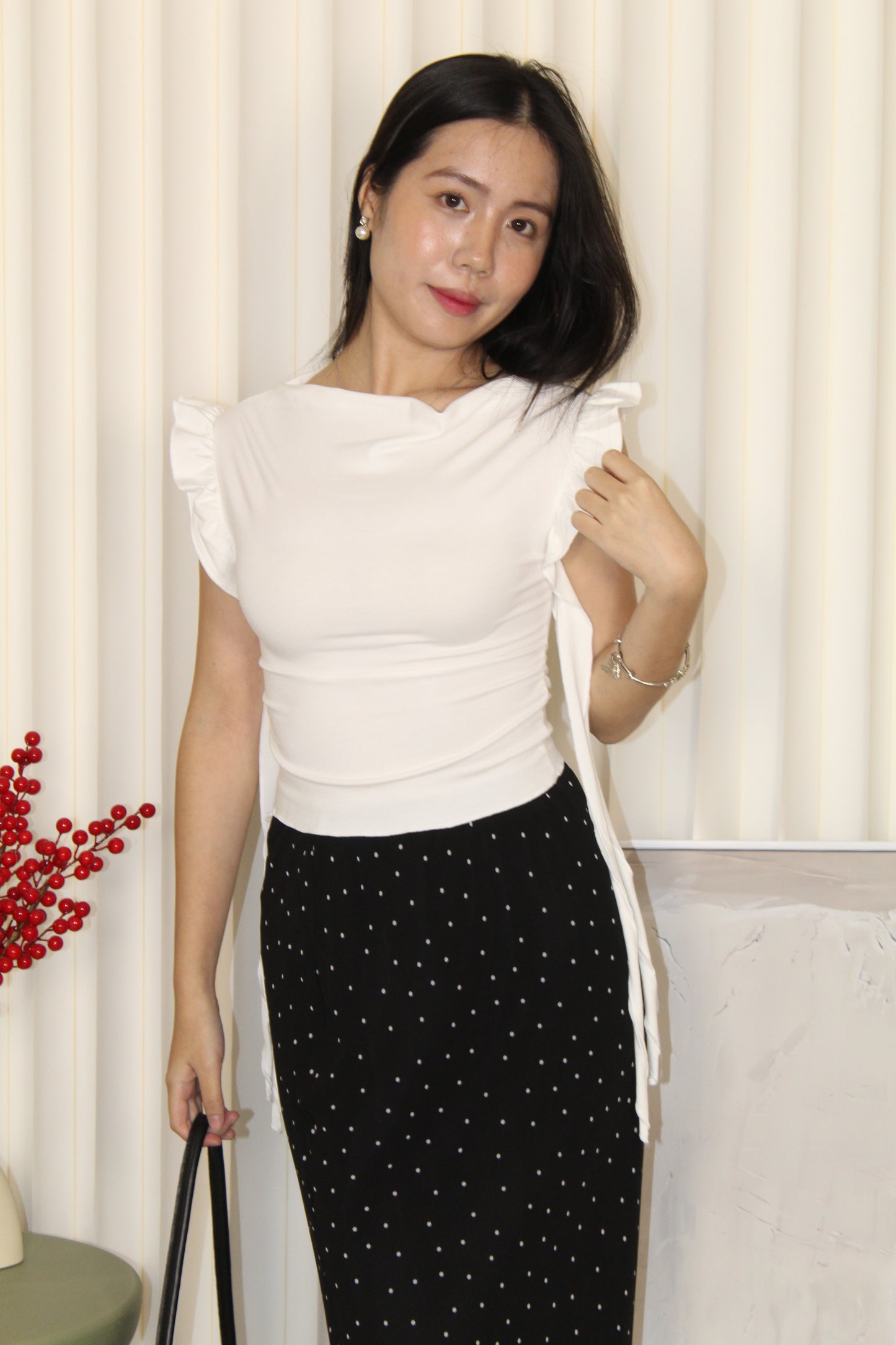 Evelyn Ruffle Drape Neck Top (White)