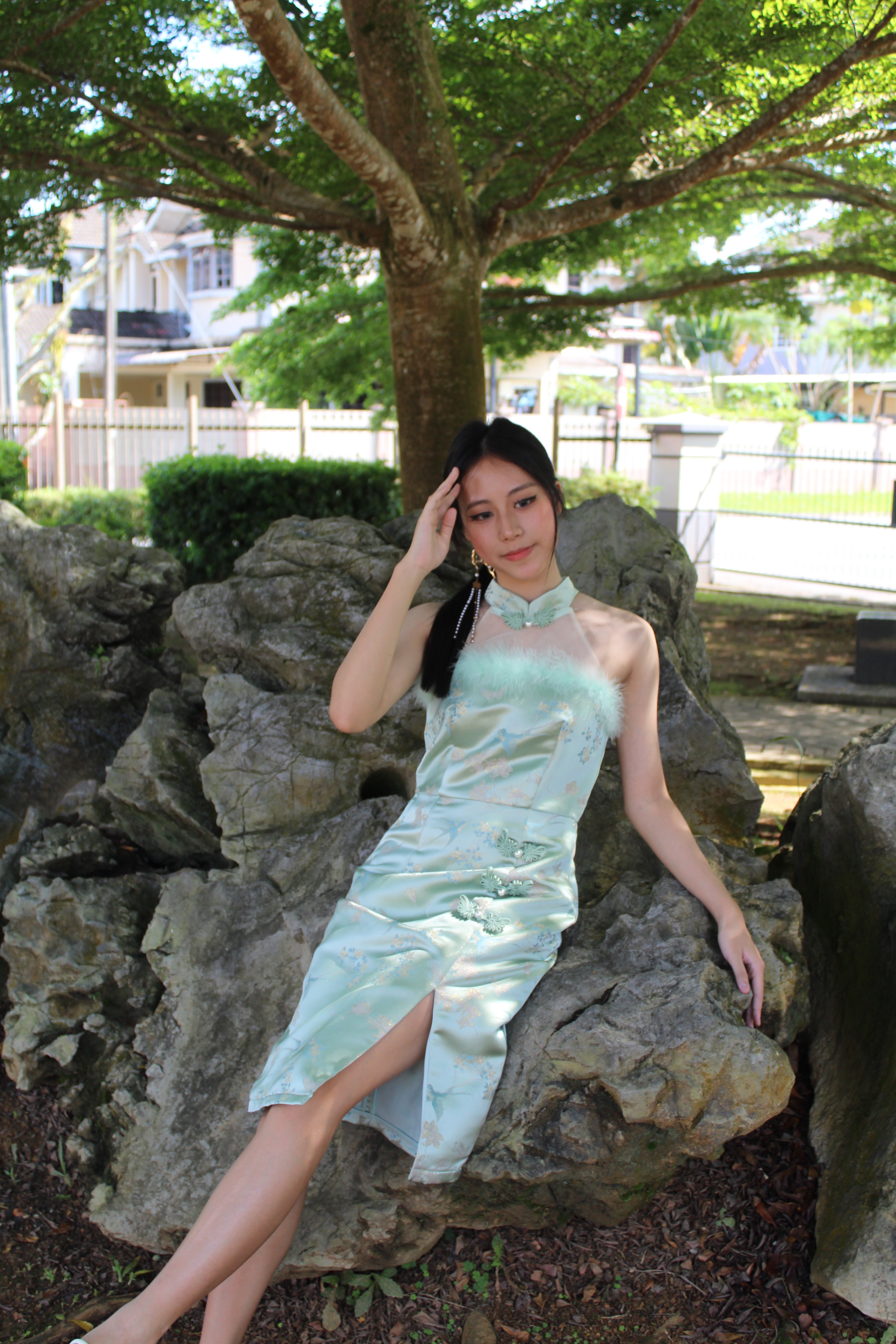 Qing Yu Mesh Midi Cheongsam Dress Premium (Green)