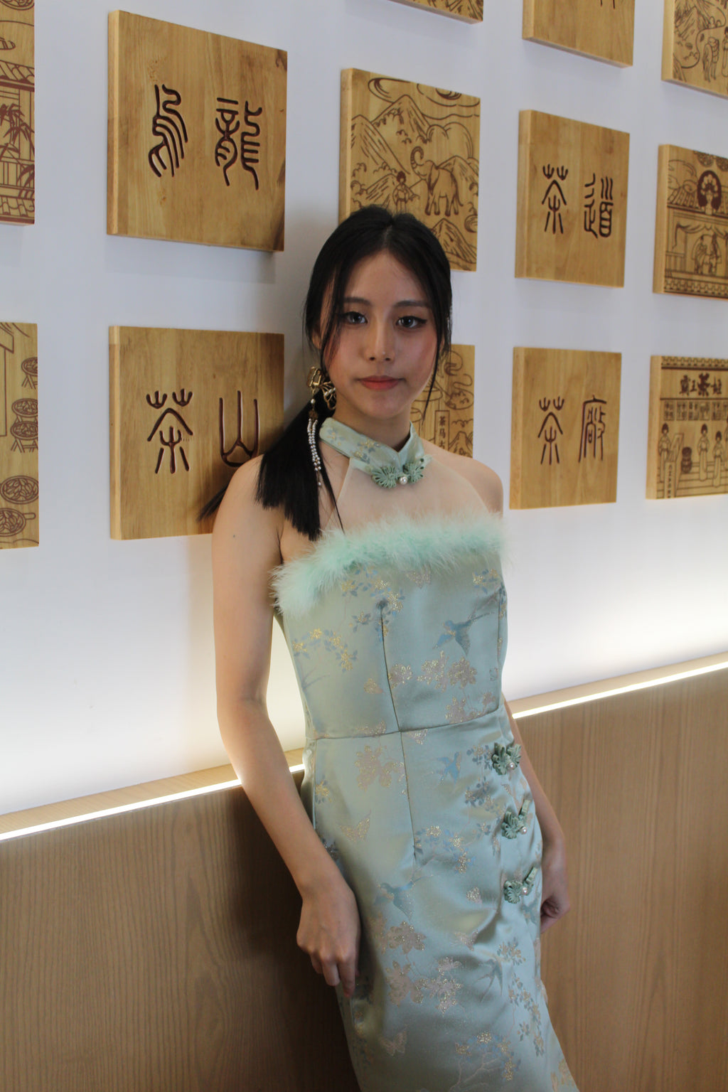 Qing Yu Mesh Midi Cheongsam Dress Premium (Blue)