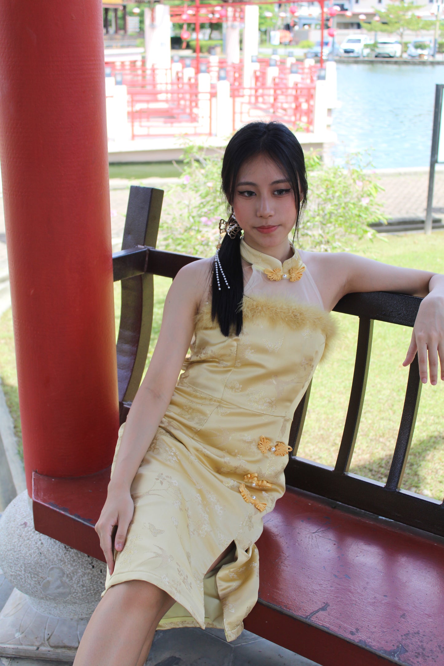 Qing Yu Mesh Midi Cheongsam Dress Premium (Yellow)