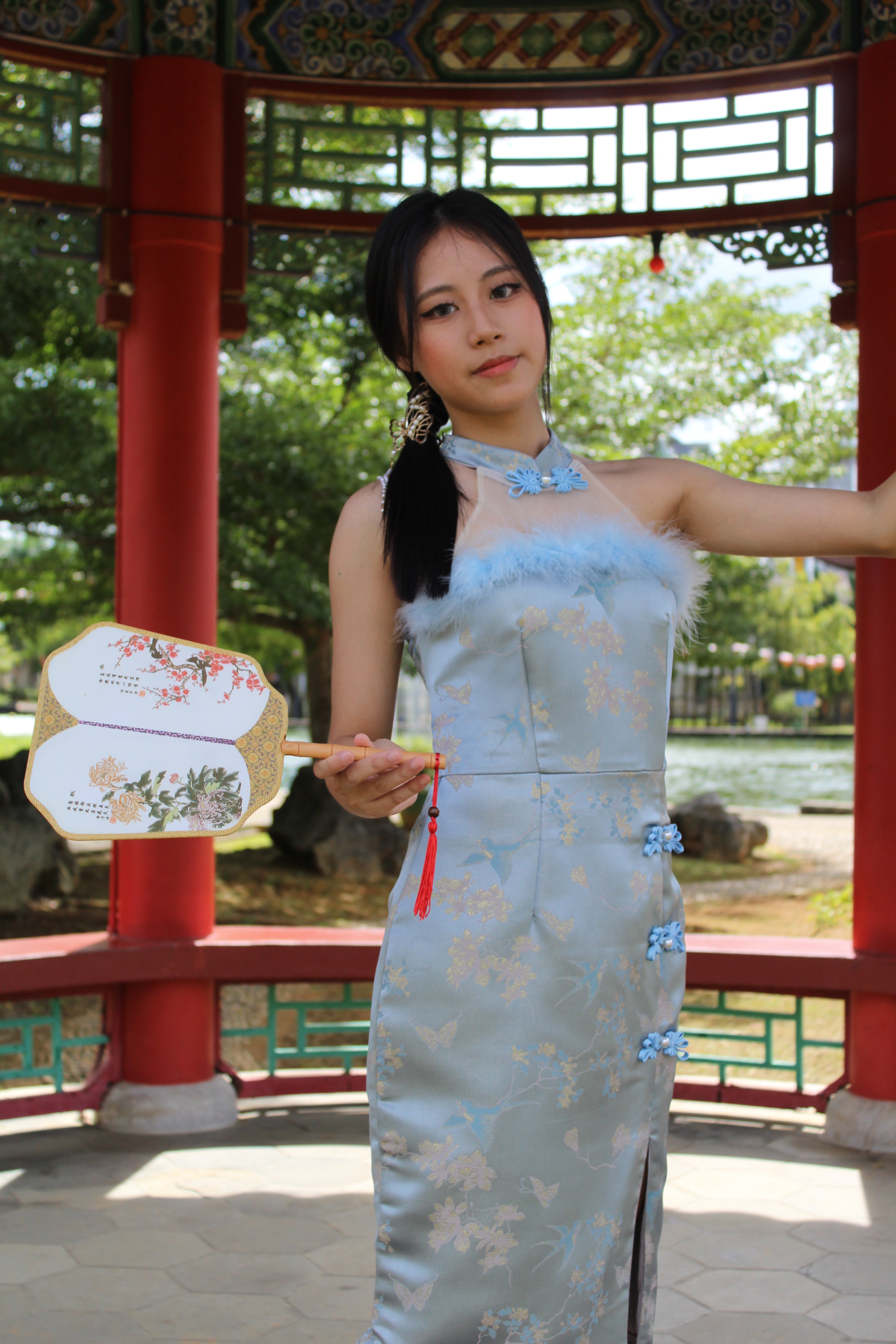 Qing Yu Mesh Midi Cheongsam Dress Premium (Blue)