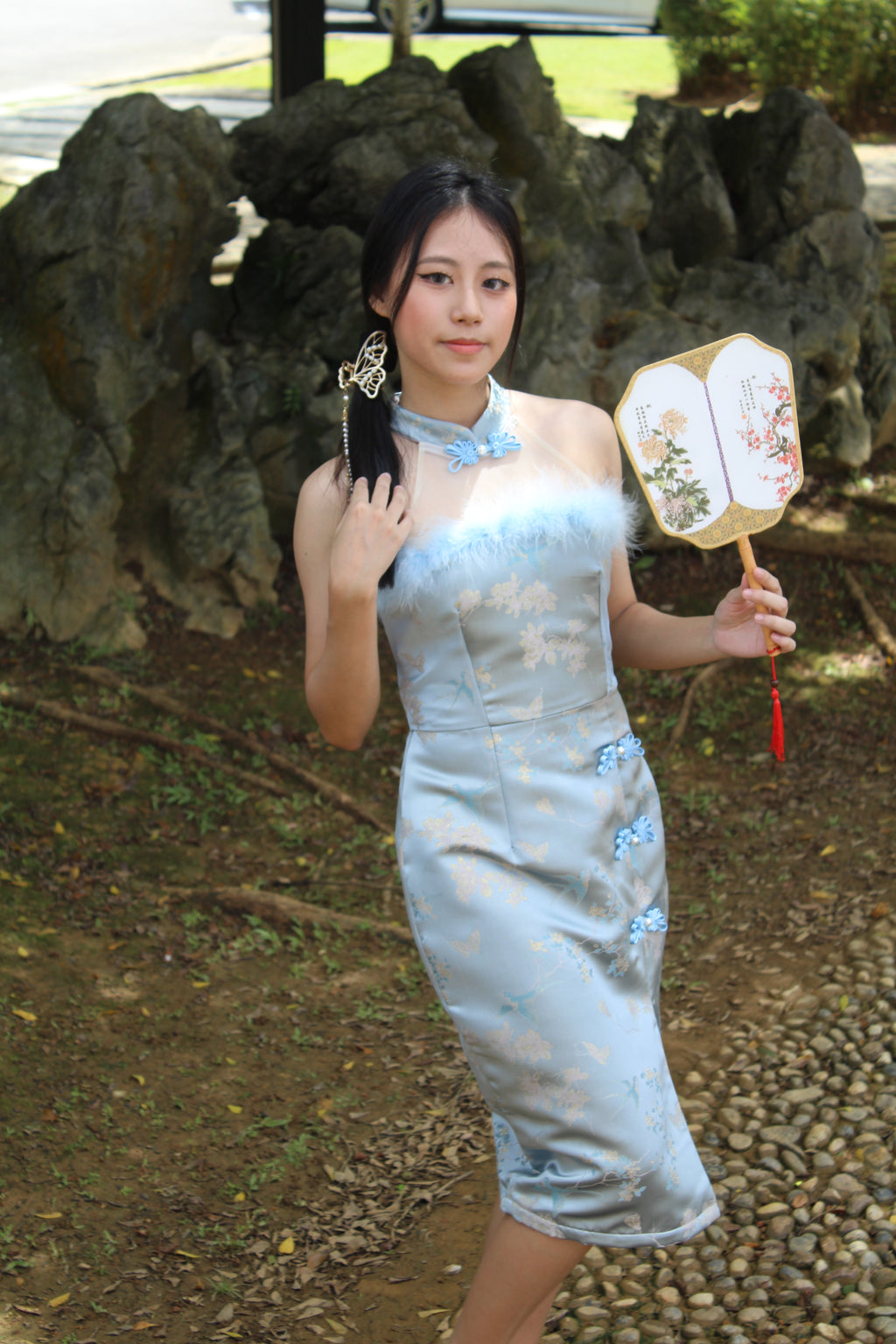 Qing Yu Mesh Midi Cheongsam Dress Premium (Blue)