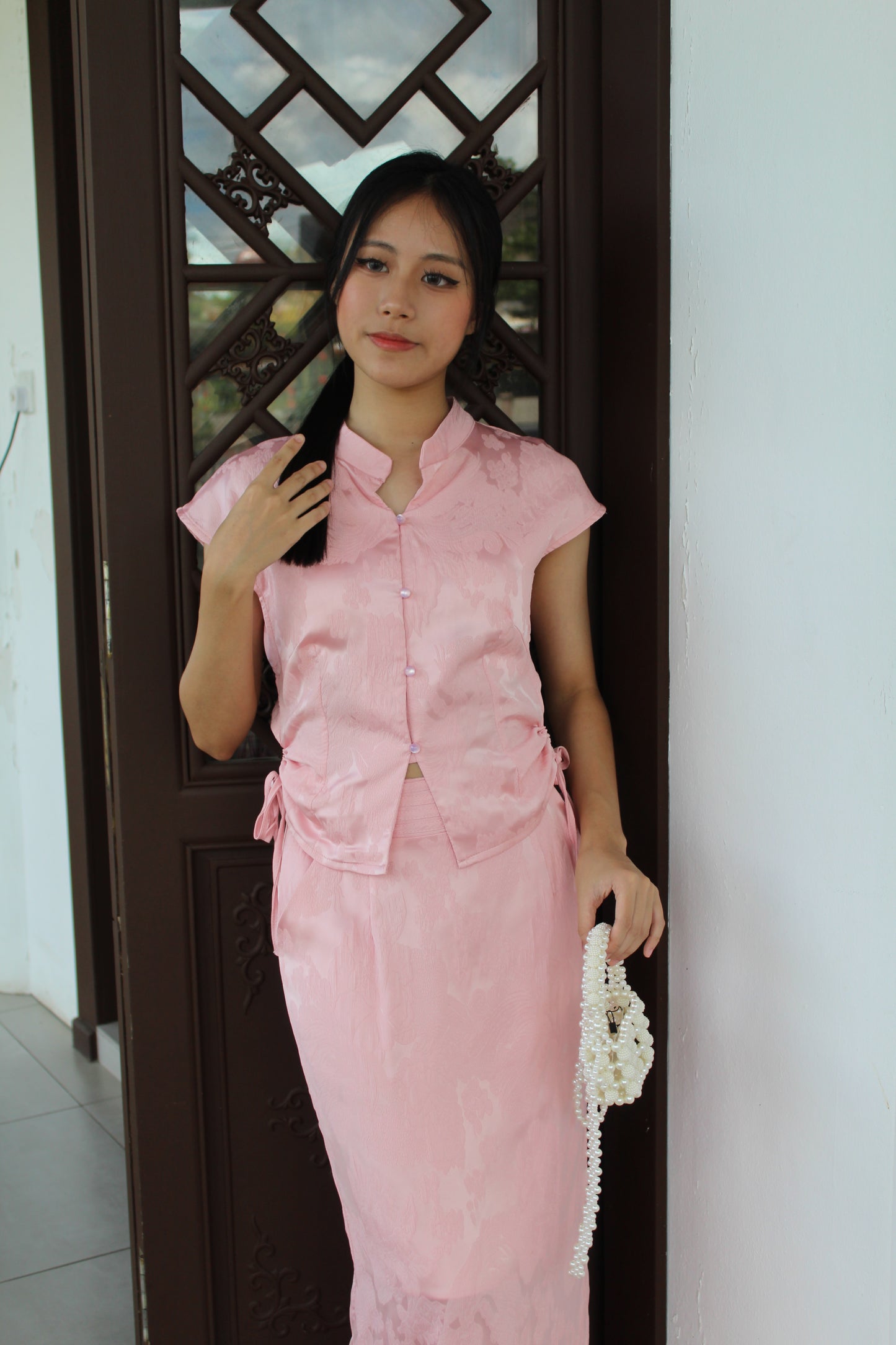 Mu Lan Soft Cheongsam Maxi Slit Skirt (Pink)