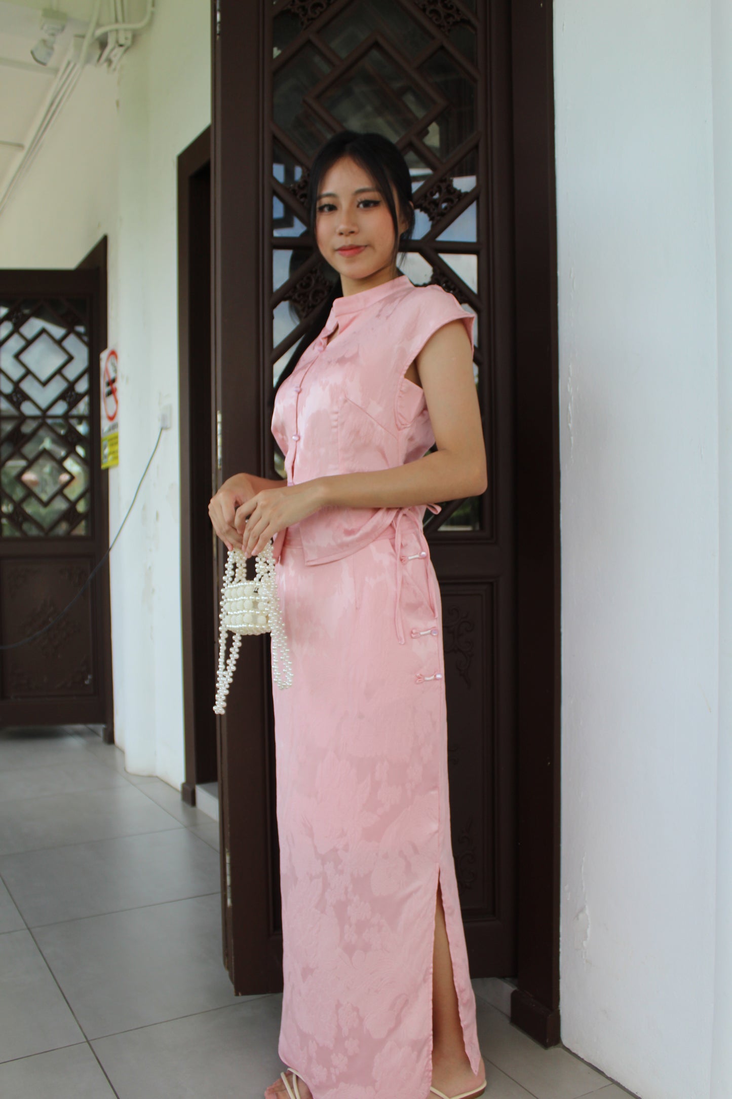 Mu Lan Soft Cheongsam Maxi Slit Skirt (Pink)