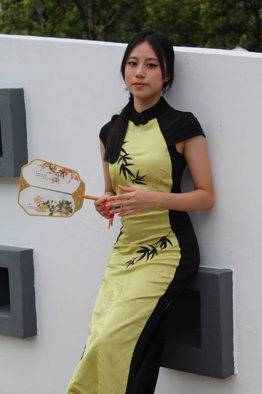 Yan Block Color Cheongsam Maxi Dress (Green)