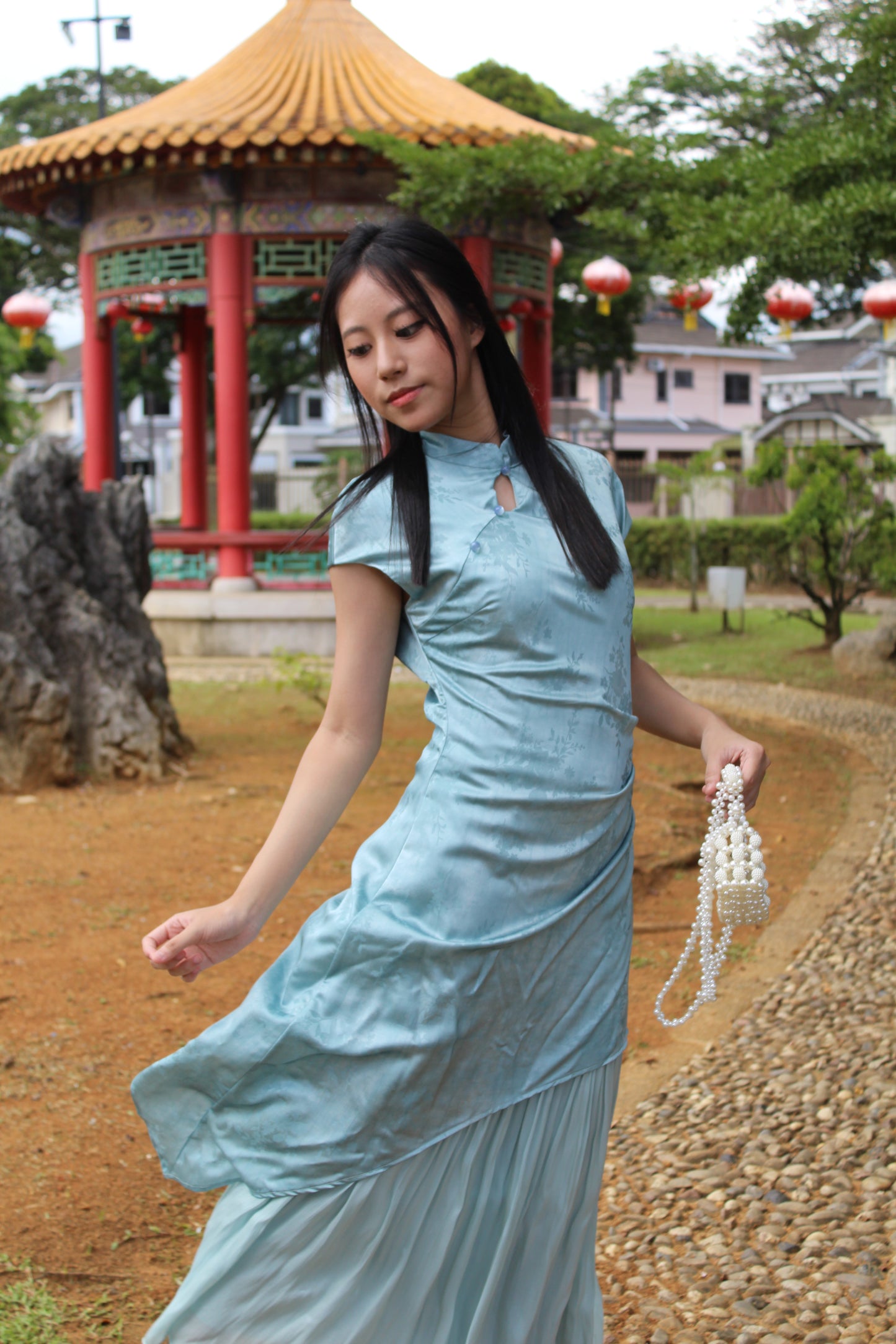 Ming Xi Double Layered Flare Cheongsam Dress (Blue)