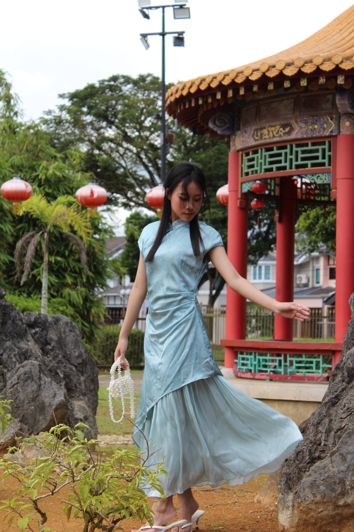 Ming Xi Double Layered Flare Cheongsam Dress (Blue)