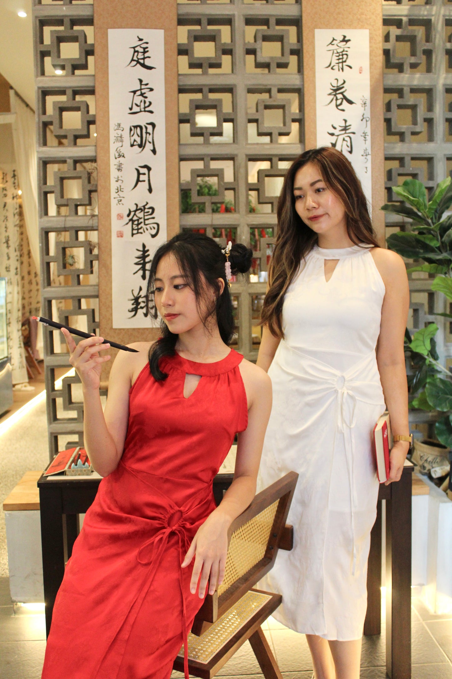 Bai He Halter Cheongsam Midaxi Dress (Red)