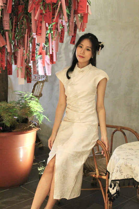 Ru Yi Embossed Slit Cheongsam Dress (Cream)