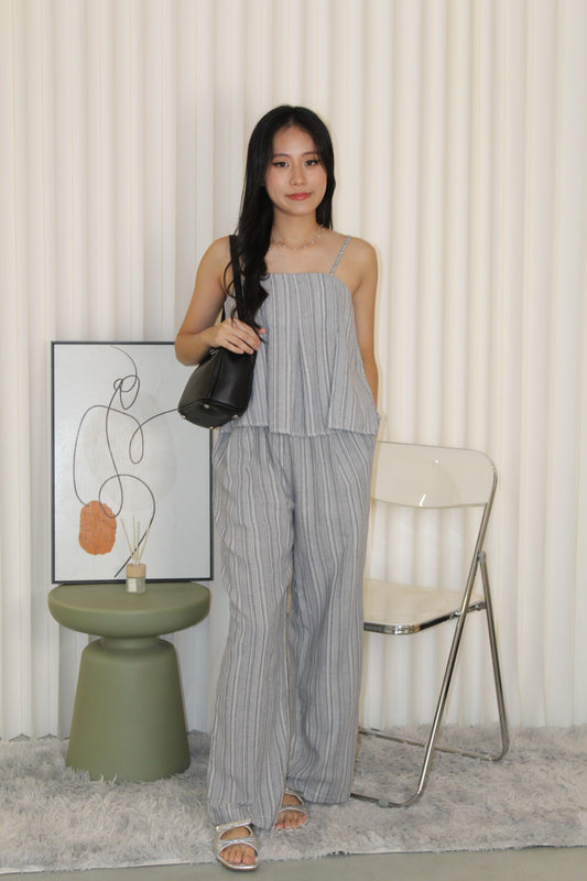Claris Pleated Stripes Two Piece Pants Set (Blue)