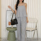 Claris Pleated Stripes Two Piece Pants Set (Khaki)