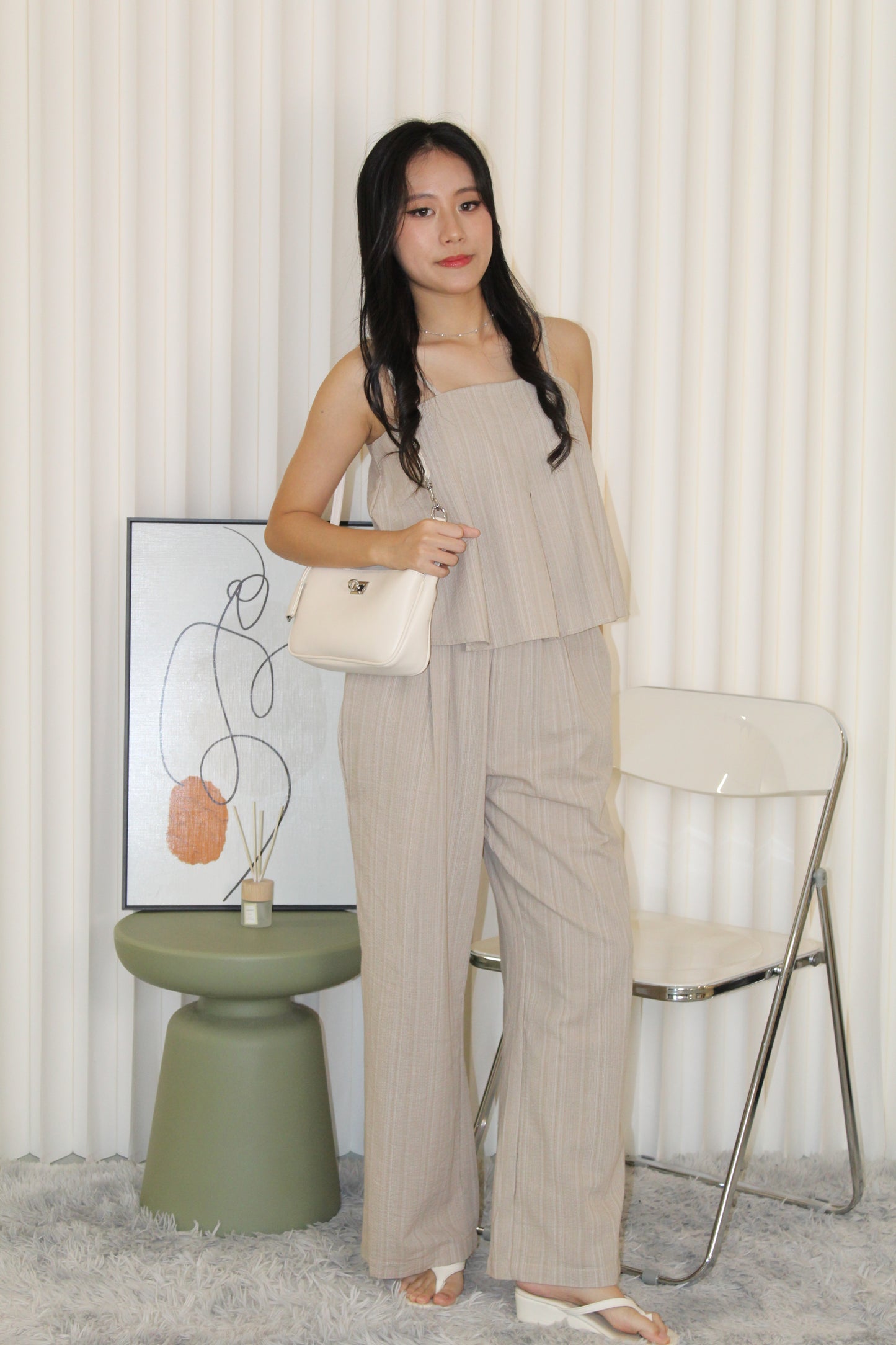 Claris Pleated Stripes Two Piece Pants Set (Blue)