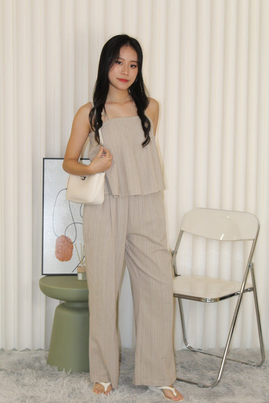 Claris Pleated Stripes Two Piece Pants Set (Khaki)