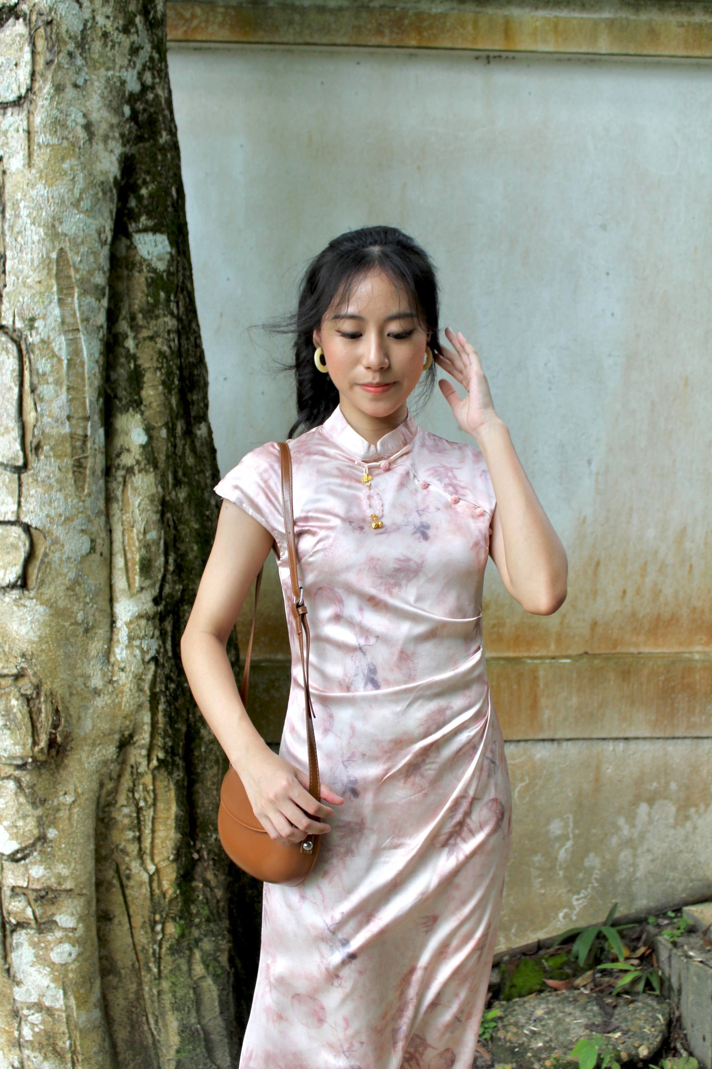 Fen Satin Midi Cheongsam Dress (Pink)