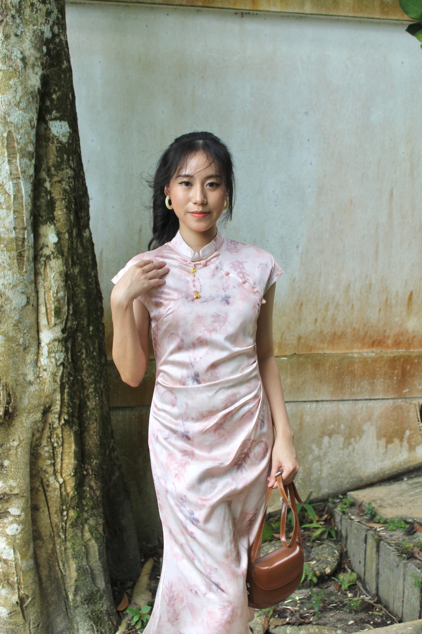 Fen Satin Midi Cheongsam Dress (Pink)