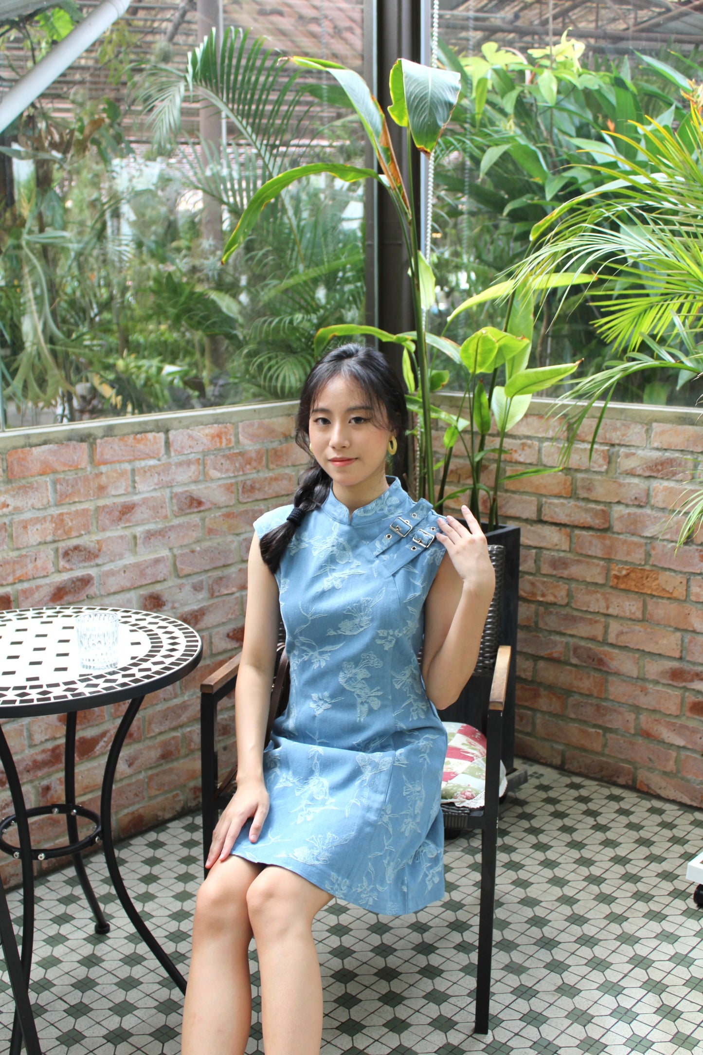 Nicole Denim Cheongsam Mini Dress (Blue)