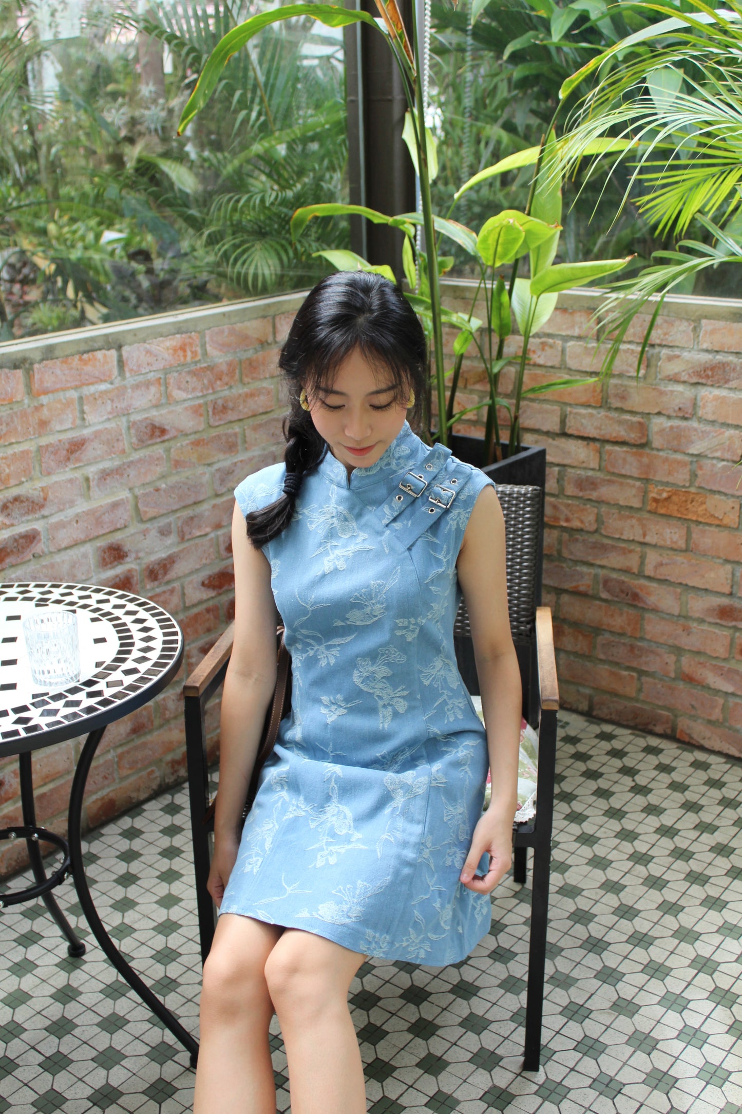 Nicole Denim Cheongsam Mini Dress (Blue)