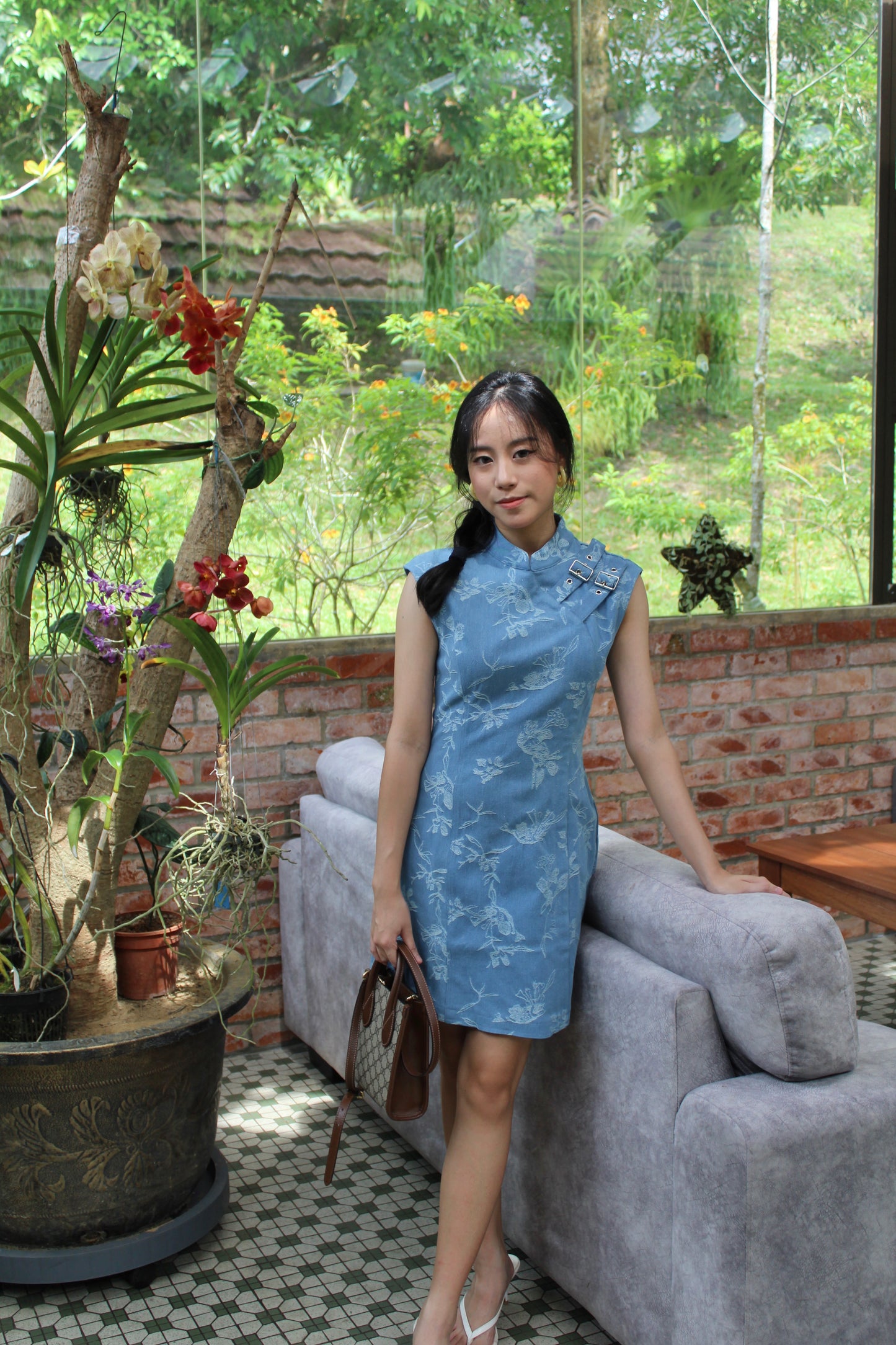 Nicole Denim Cheongsam Mini Dress (Blue)