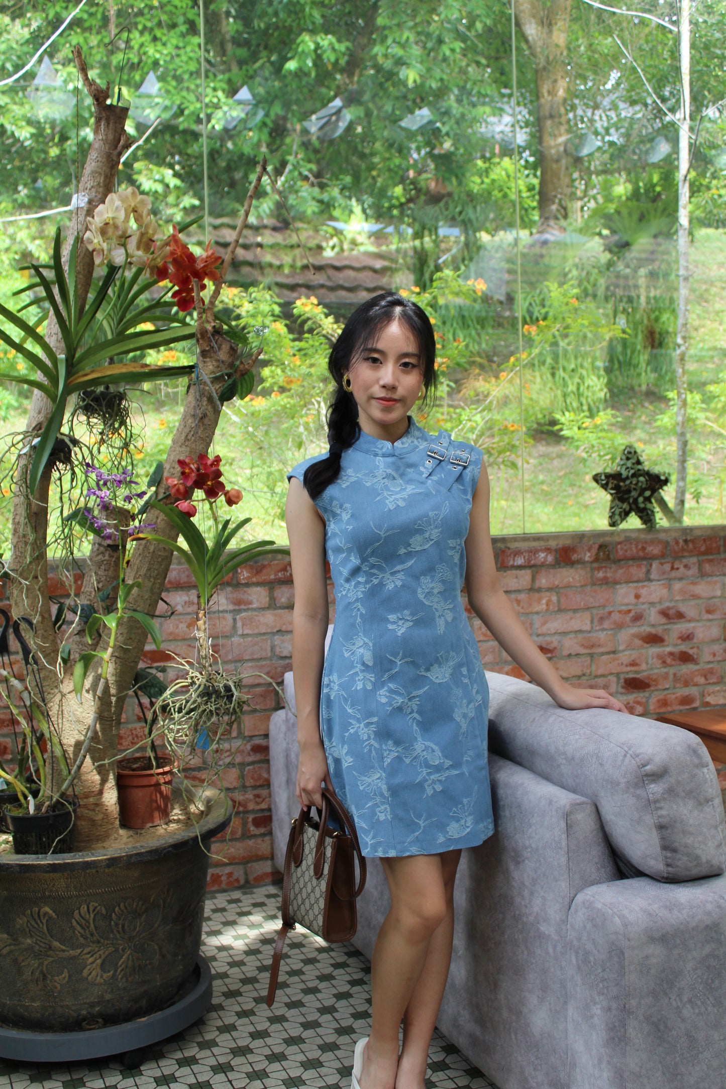 Nicole Denim Cheongsam Mini Dress (Blue)