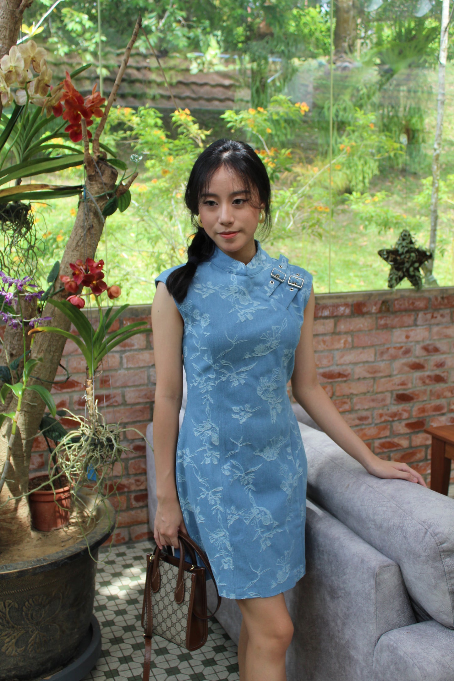 Nicole Denim Cheongsam Mini Dress (Blue)