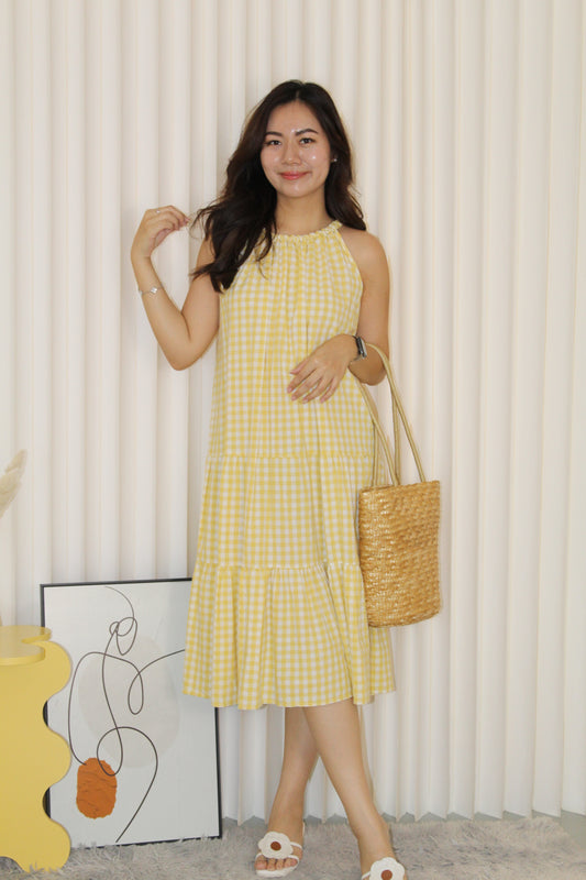 Kaylee Checked Halter Midi Dress (Yellow)